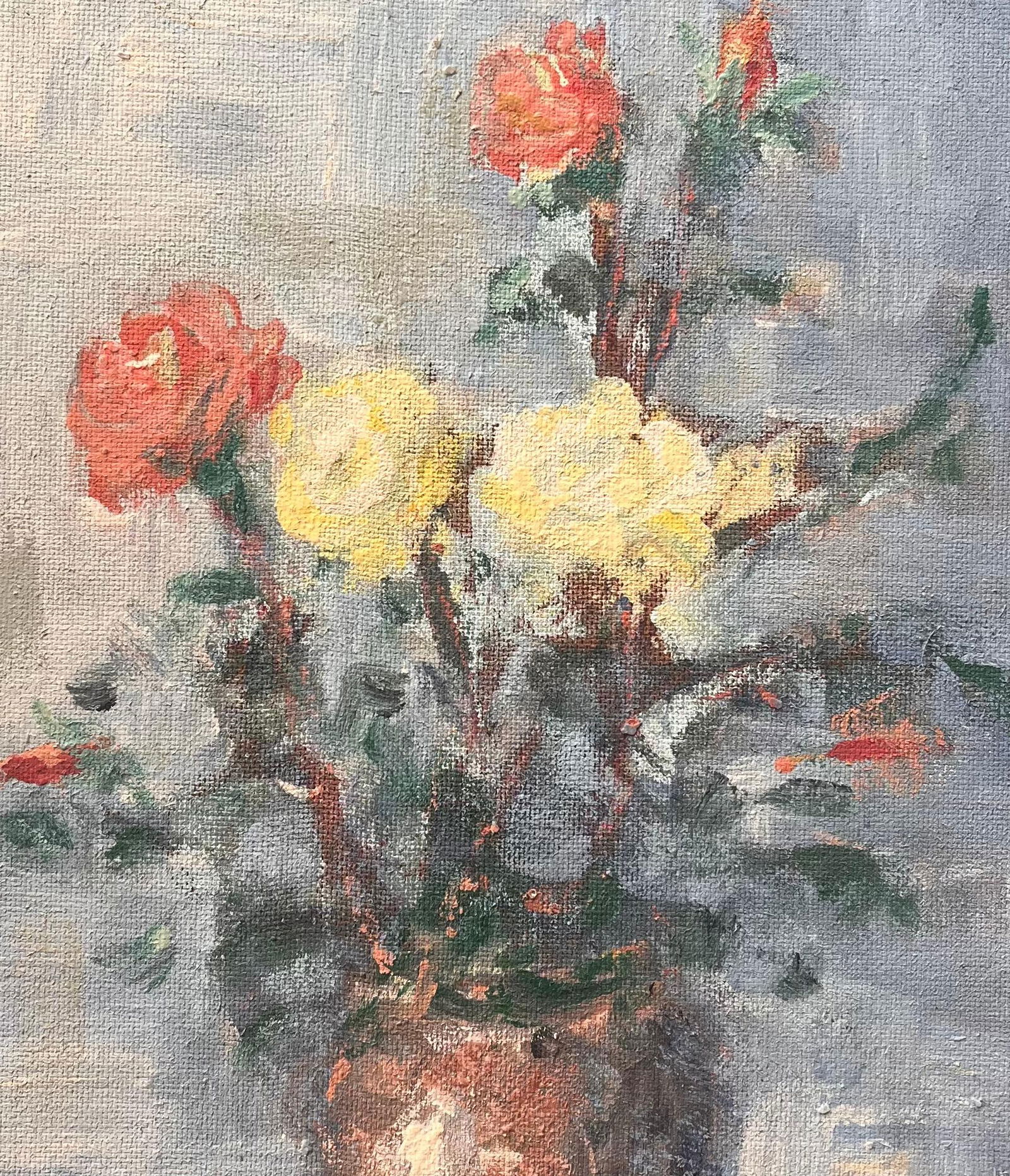 Fanch Lel; French Impressionist Still Life of Yellow and Red Roses in Copper Vase - 2