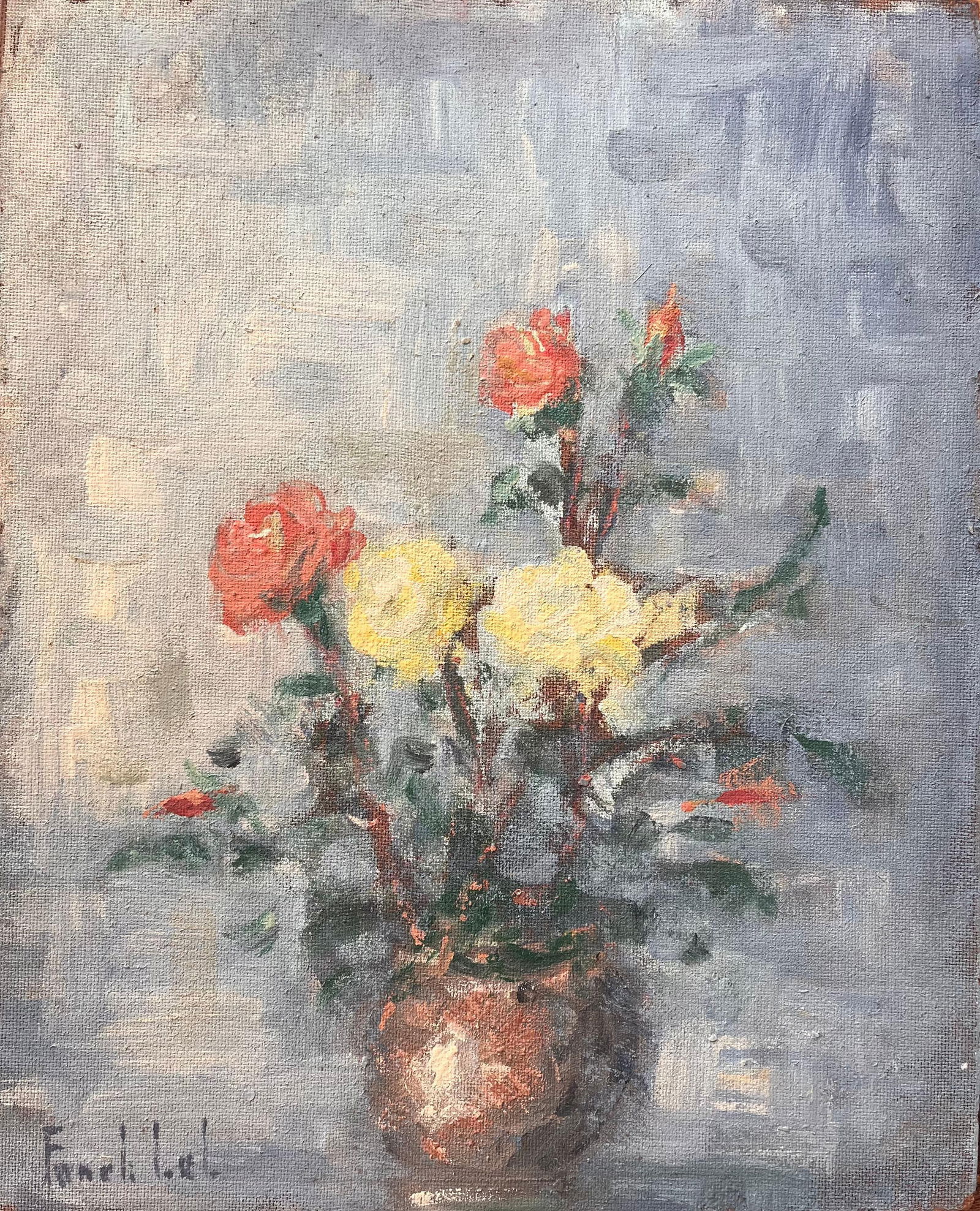 Fanch Lel; French Impressionist Still Life of Yellow and Red Roses in Copper Vase - 4