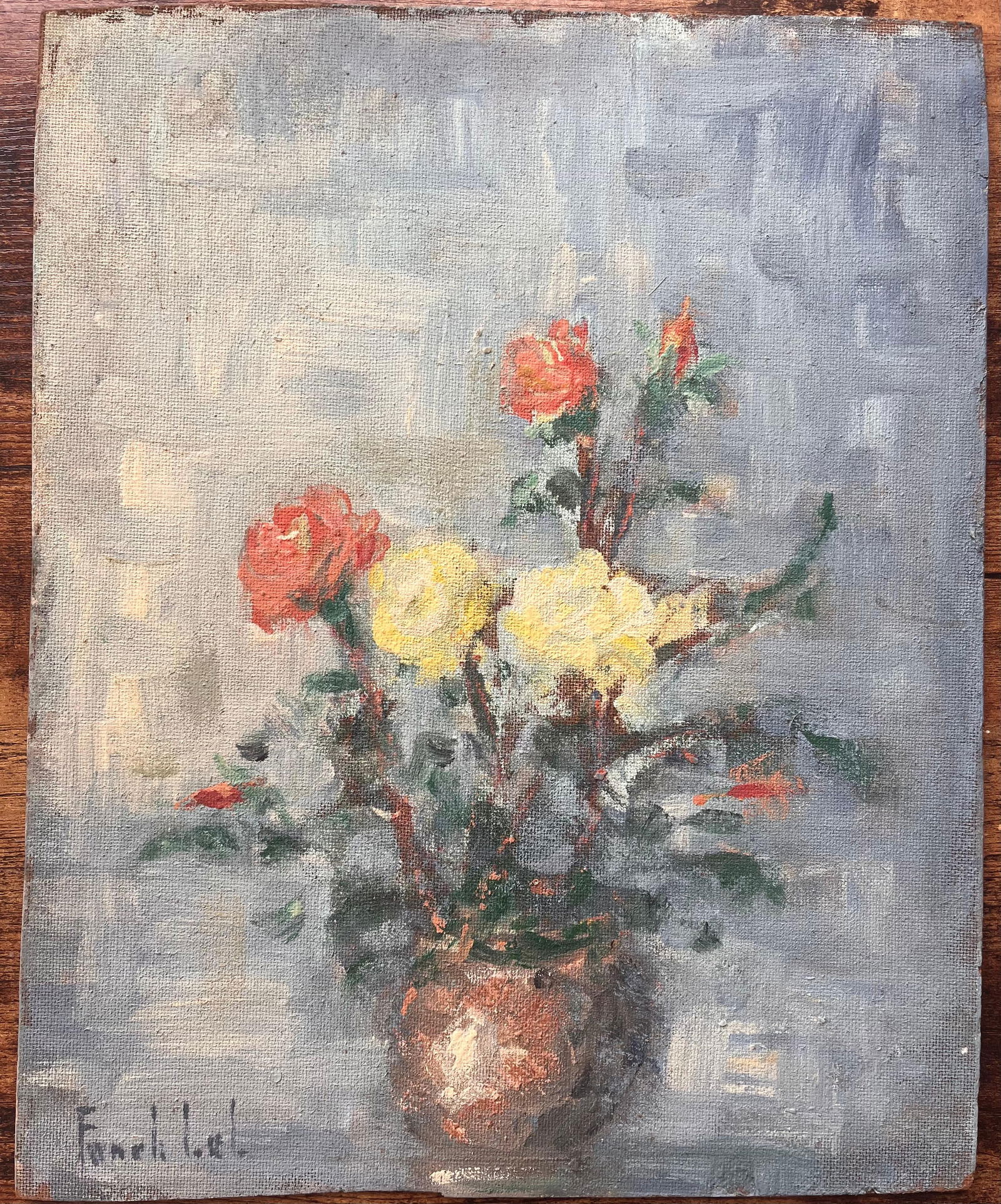Fanch Lel; French Impressionist Still Life of Yellow and Red Roses in Copper Vase - 5
