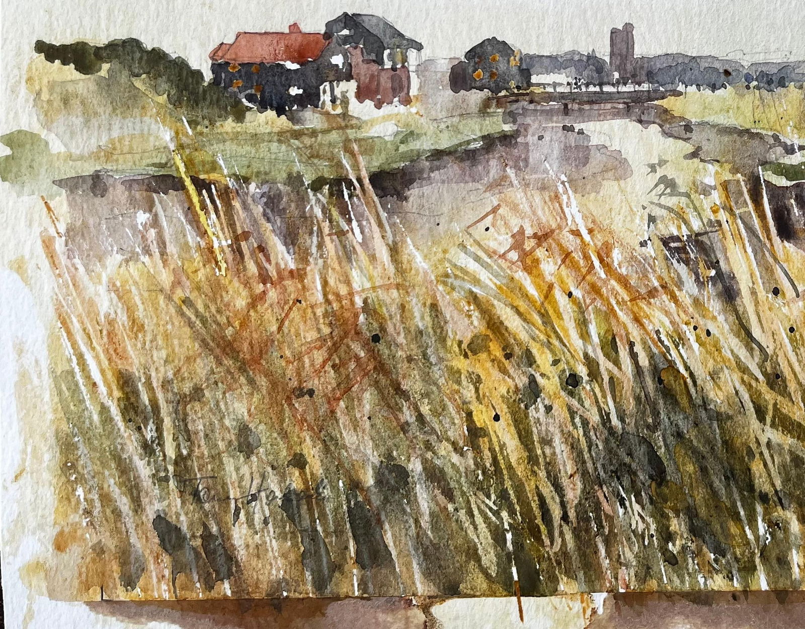 Anthony Herbert; Original Watercolour River Landscape with Windblown Grasses and Distant Church, - 7