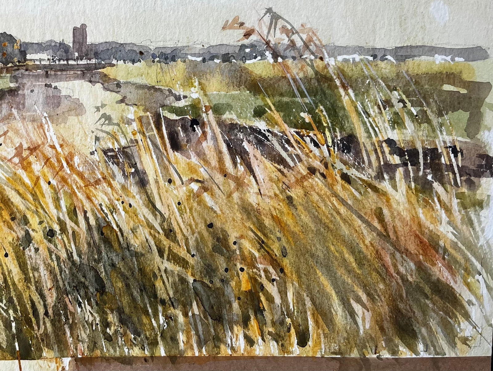 Anthony Herbert; Original Watercolour River Landscape with Windblown Grasses and Distant Church, - 8