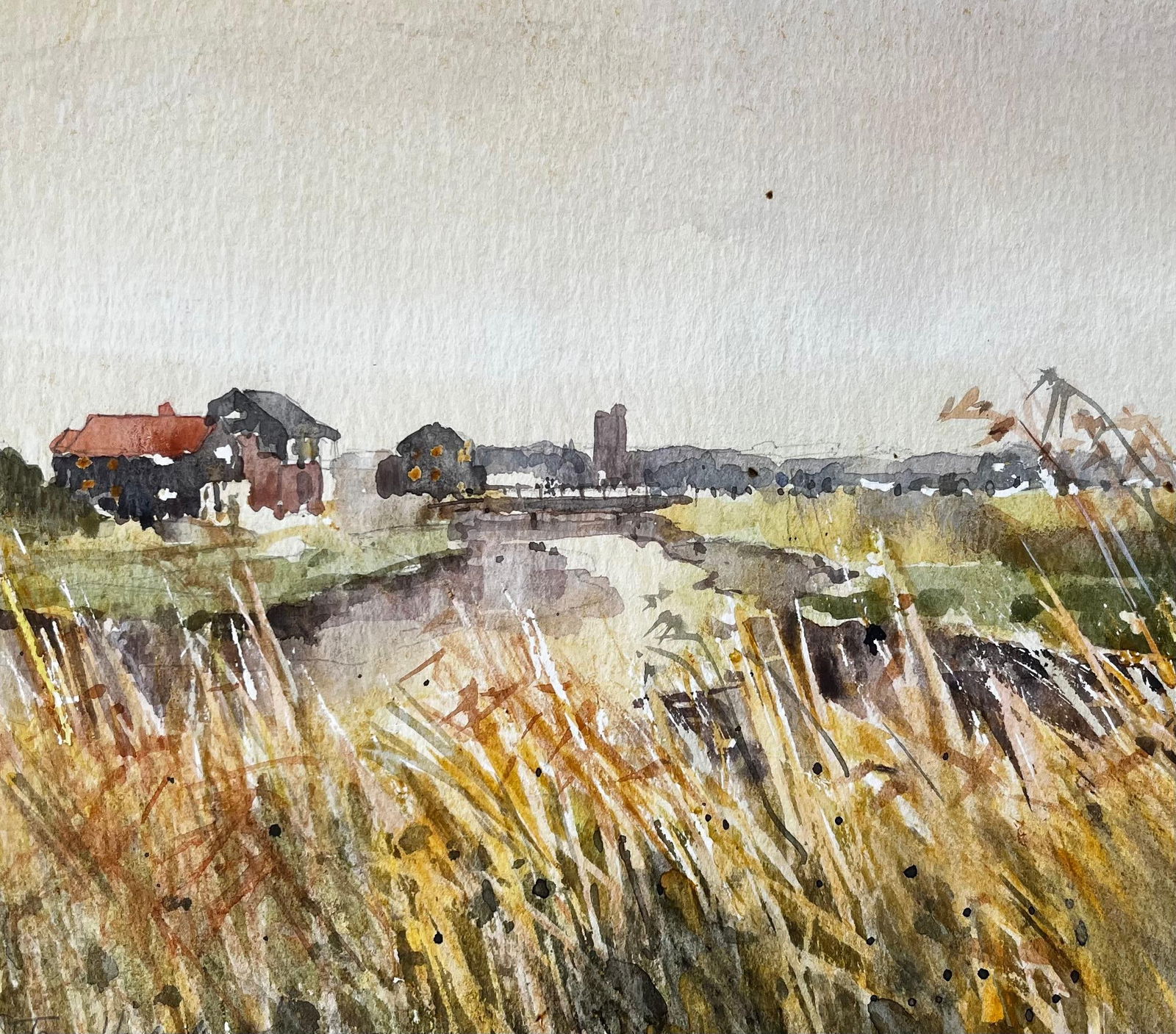 Anthony Herbert; Original Watercolour River Landscape with Windblown Grasses and Distant Church, - 10