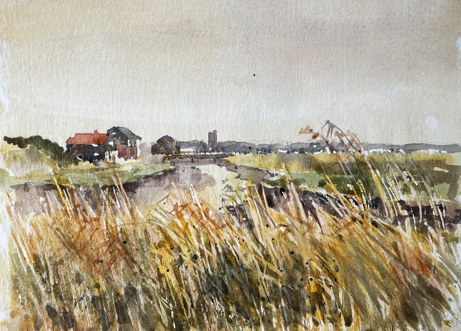 Anthony Herbert; Original Watercolour River Landscape with Windblown Grasses and Distant Church,: Title: Anthony Herbert; Original Watercolour River Landscape with Windblown Grasses and Distant Church, 1993 Description: 1991 Watercolour of Sidmouth East Devon with Cliffs, Sea and Coastal
