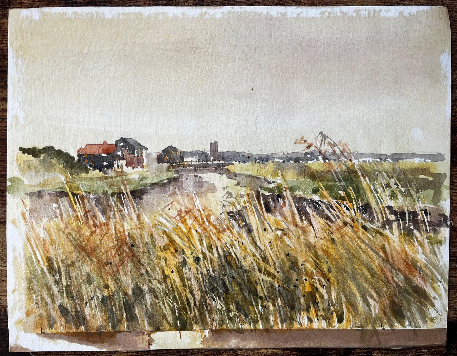 Anthony Herbert; Original Watercolour River Landscape with Windblown Grasses and Distant Church, - 5