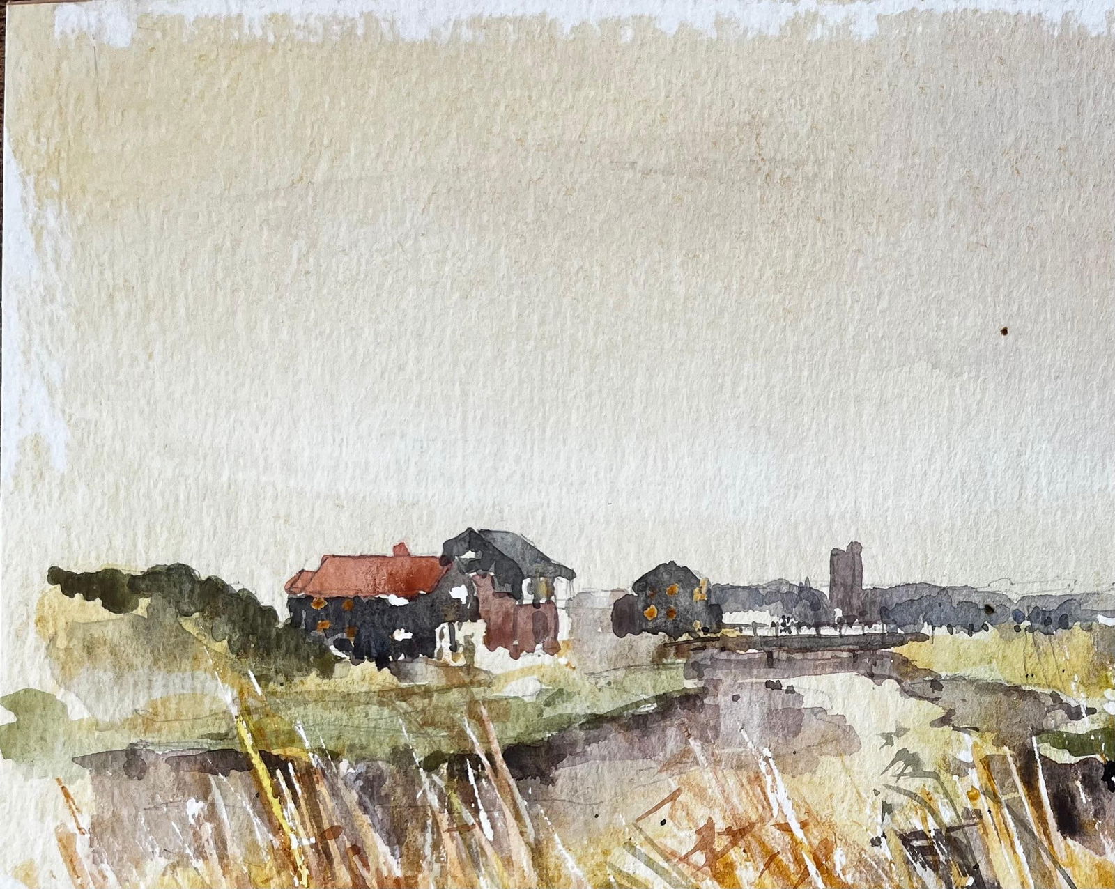 Anthony Herbert; Original Watercolour River Landscape with Windblown Grasses and Distant Church, - 6