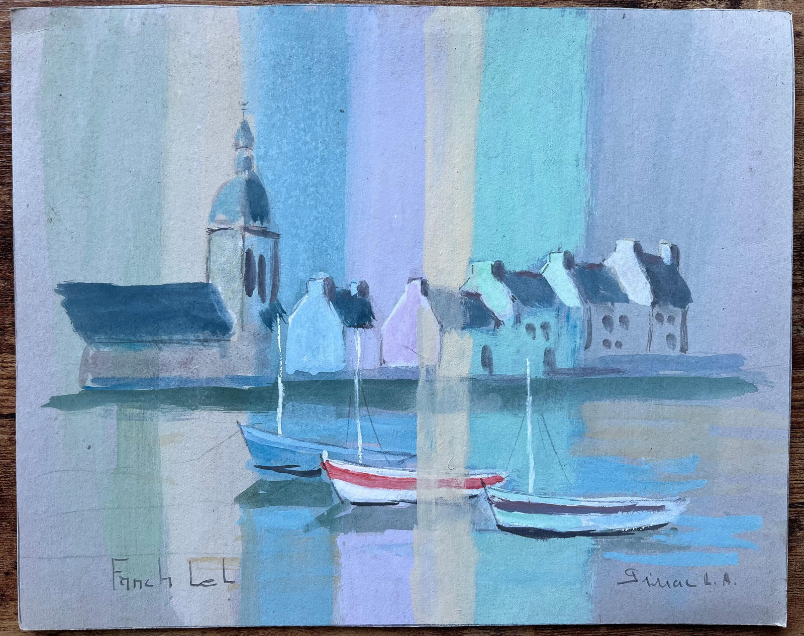 Fanch Lel; French Gouache Coastal Townscape with Boats and Church by Fanch Lel - 16