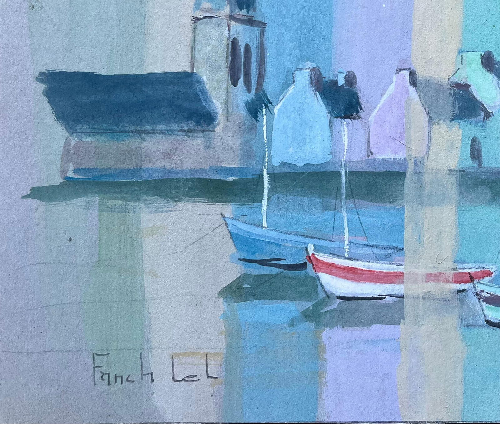 Fanch Lel; French Gouache Coastal Townscape with Boats and Church by Fanch Lel - 2