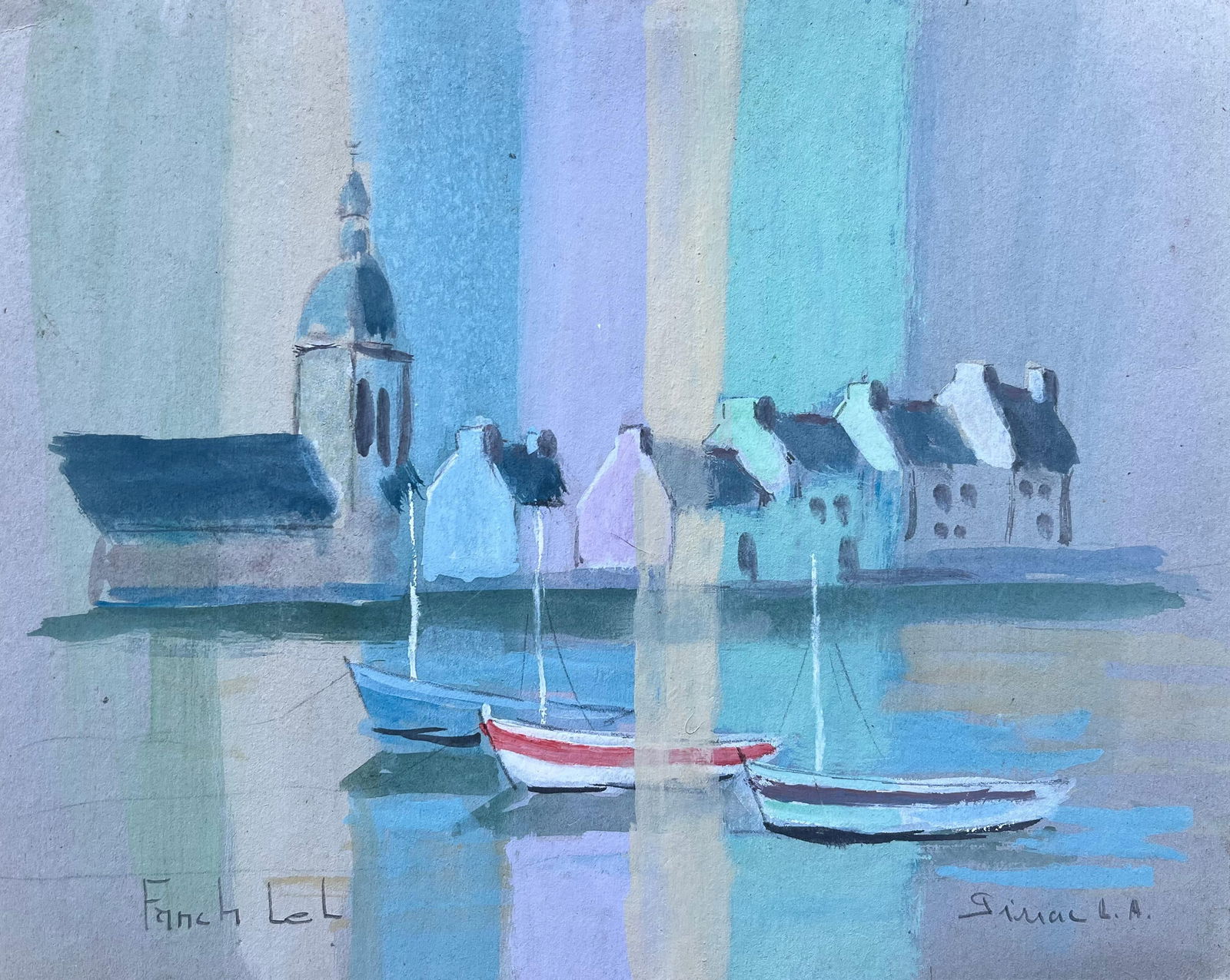 Fanch Lel; French Gouache Coastal Townscape with Boats and Church by Fanch Lel - 7