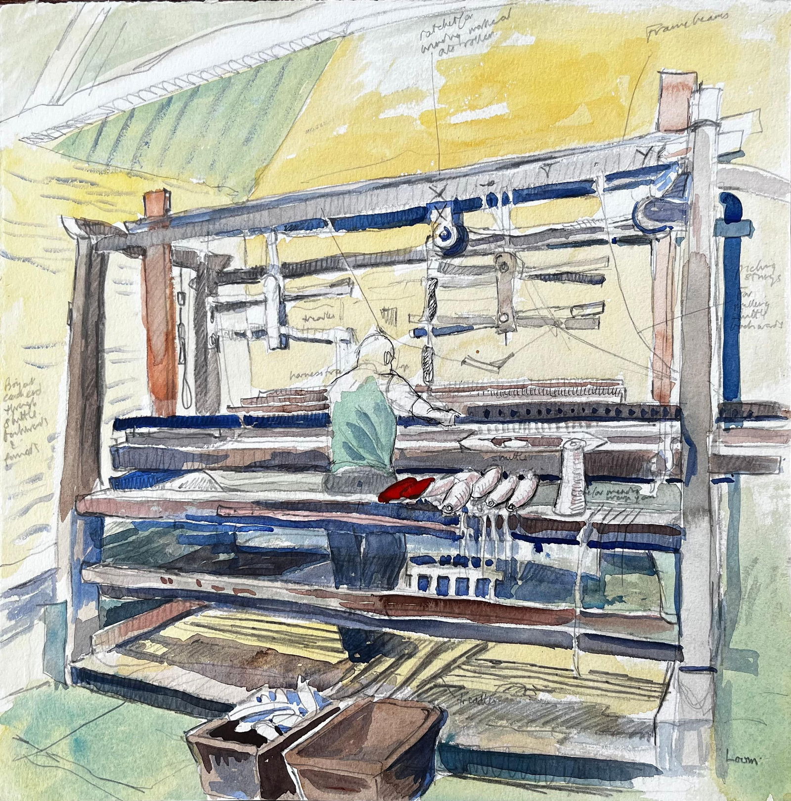 John Steane (b.1931); Weaving Loom Interior Watercolour of Cogswell Manor Farm Textile Workshop - 4