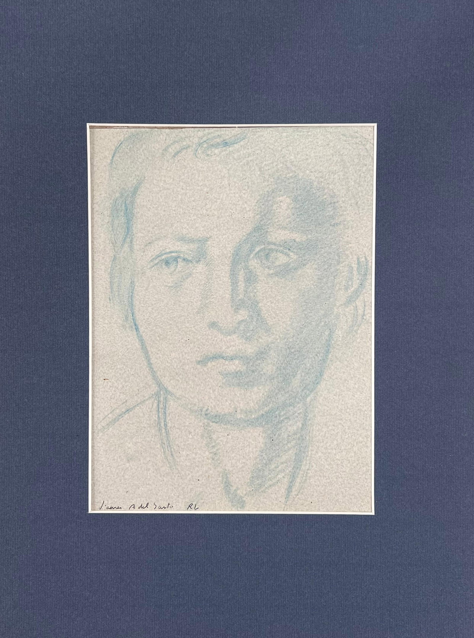 Robert Ladou; Portrait of a Man with Bold Features Blue Sketch Original French Artwork, 20th Century - 4