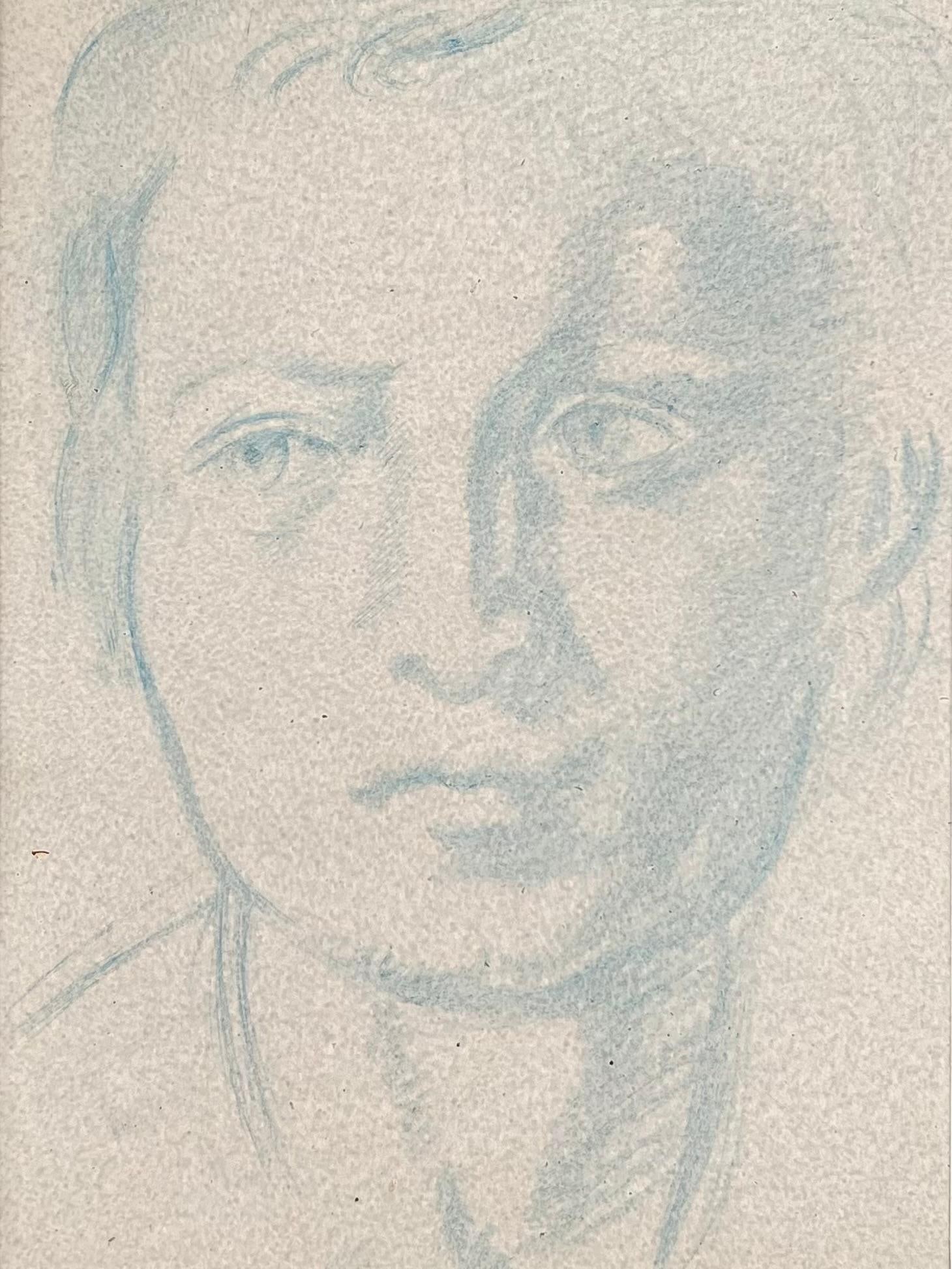 Robert Ladou; Portrait of a Man with Bold Features Blue Sketch Original French Artwork, 20th Century - 5