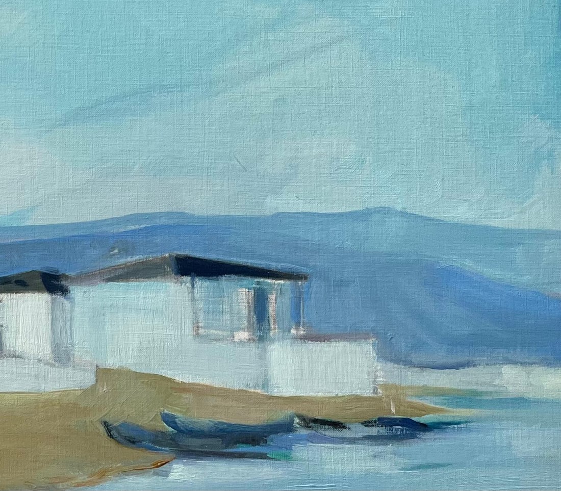 Roland Pichard; Original Oil Painting of Coastal Cottages with Boats Along a Tranquil Shoreline, - 15