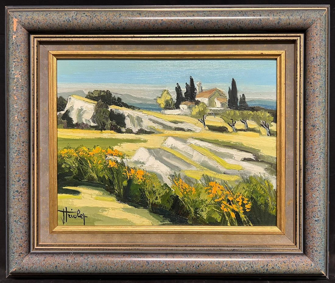 French School; Sunlit Sunlit Southern French Landscape Cottage Among Olive Trees Oil Painting - 4