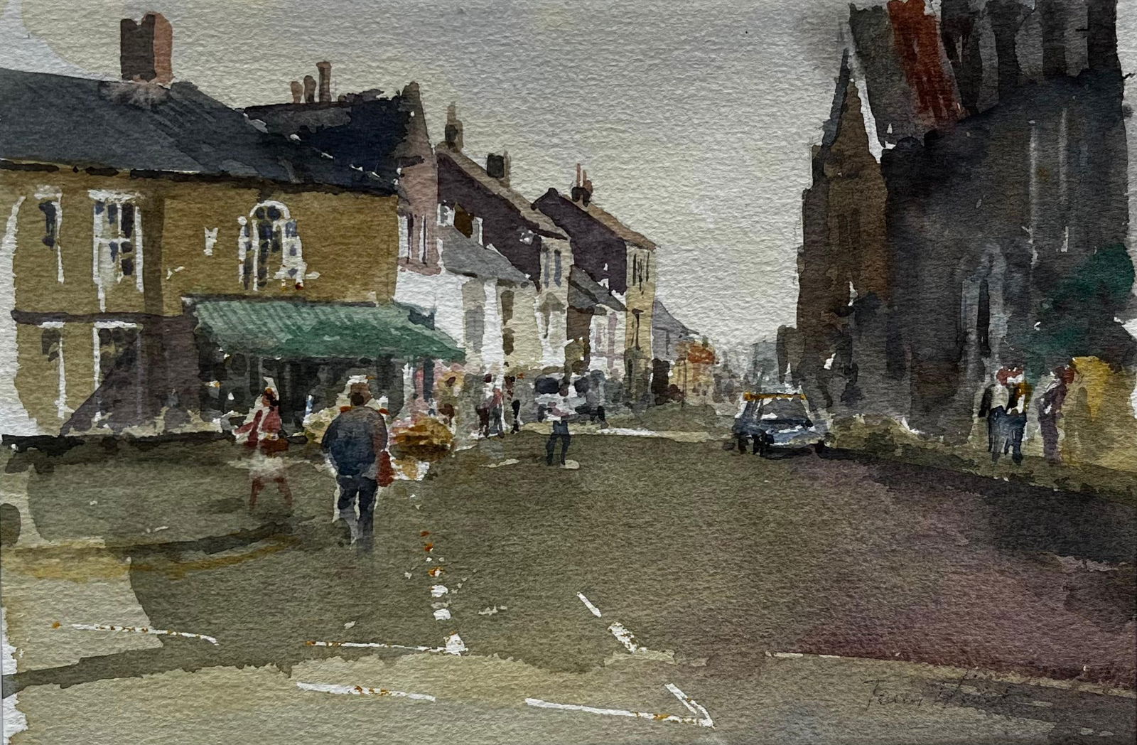 Anthony Herbert; Towards the Sea at Southwold with Church and High Street Figures Watercolour: Title: Anthony Herbert; Towards the Sea at Southwold with Church and High Street Figures Watercolour Description: Towards the Sea at Southwold with Church and High Street Figures Watercolour By Tony