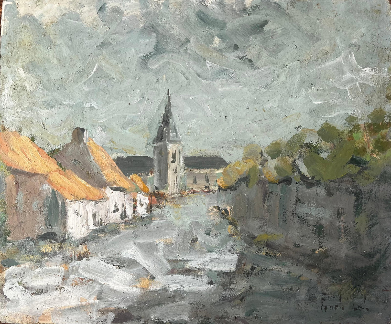 Fanch Lel; Impressionist French Village Scene with Church and Thatched Cottages (1 of 11)