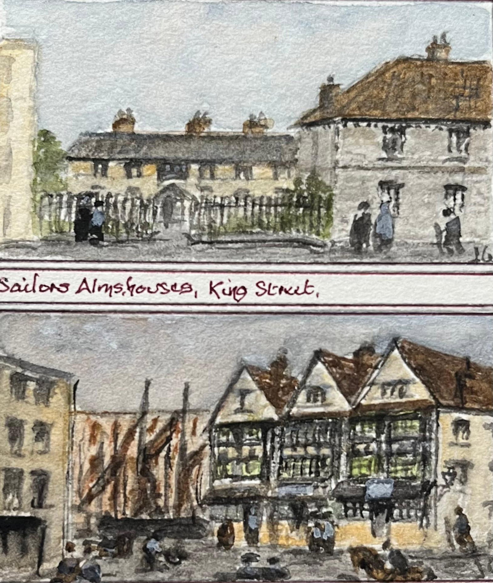 Jack Grunwell; Historic Watercolor of Sailors’ Almshouses & Llandoger Trow Inn in Bristol: Title: Jack Grunwell; Historic Watercolor of Sailors’ Almshouses & Llandoger Trow Inn in Bristol Description: Historic Miniature Watercolor of Bath Abbey View from the West Front by Jack