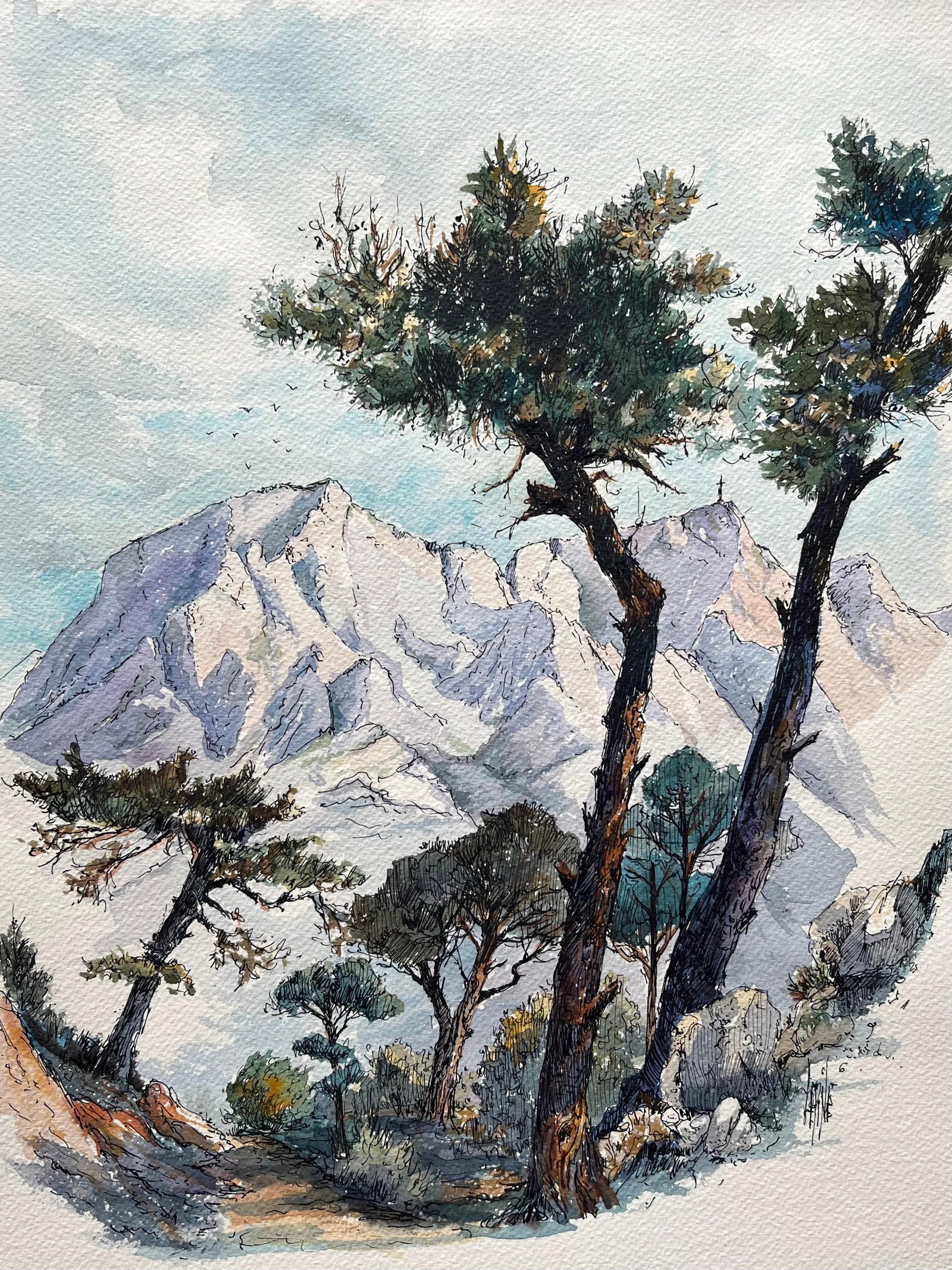 Robert Lepine (1929 - 2017); French Watercolor of Montagne Sainte-Victoire by Robert Lepine, 20th: Title: Robert Lepine (1929 - 2017); French Watercolor of Montagne Sainte-Victoire by Robert Lepine, 20th century Description: Flowers by Marie-Amelie Chautard-Carreau (French, 19th/20th century)