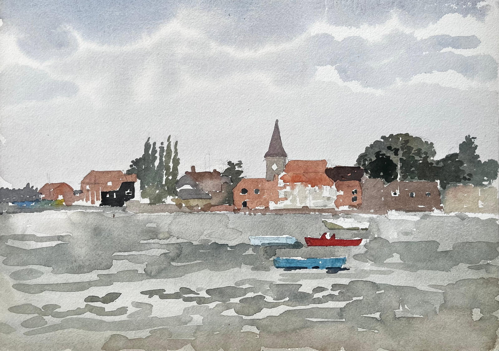 Anthony Herbert; Waterside Village Scene with Boats and Church Bosham Sussex 1970s Watercolour, 1976 (1 of 11)