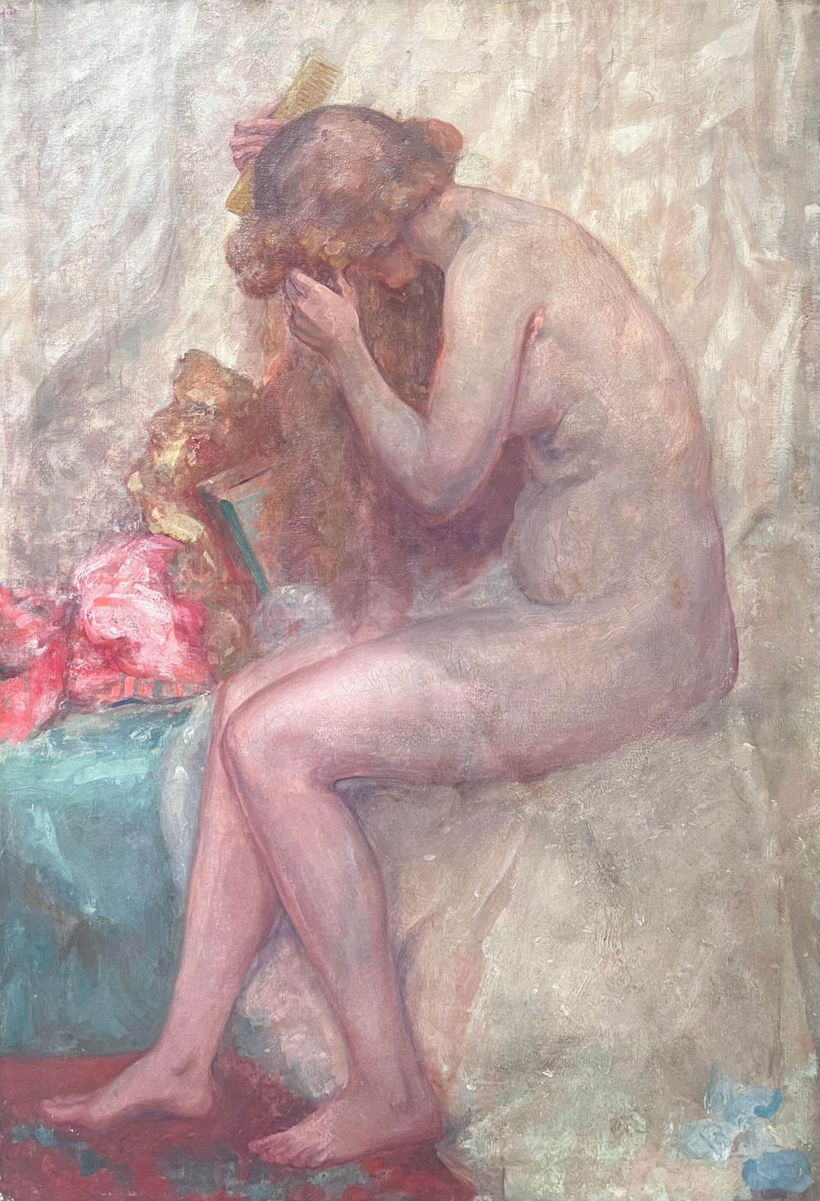 French School; Huge 1900's French Impressionist Oil on Canvas Figure Model Artists Interior: Title: French School; Huge 1900's French Impressionist Oil on Canvas Figure Model Artists Interior Description: Jacques Daufin ( Born 1930) French School signed and dated 1957 oil on canvas, framed