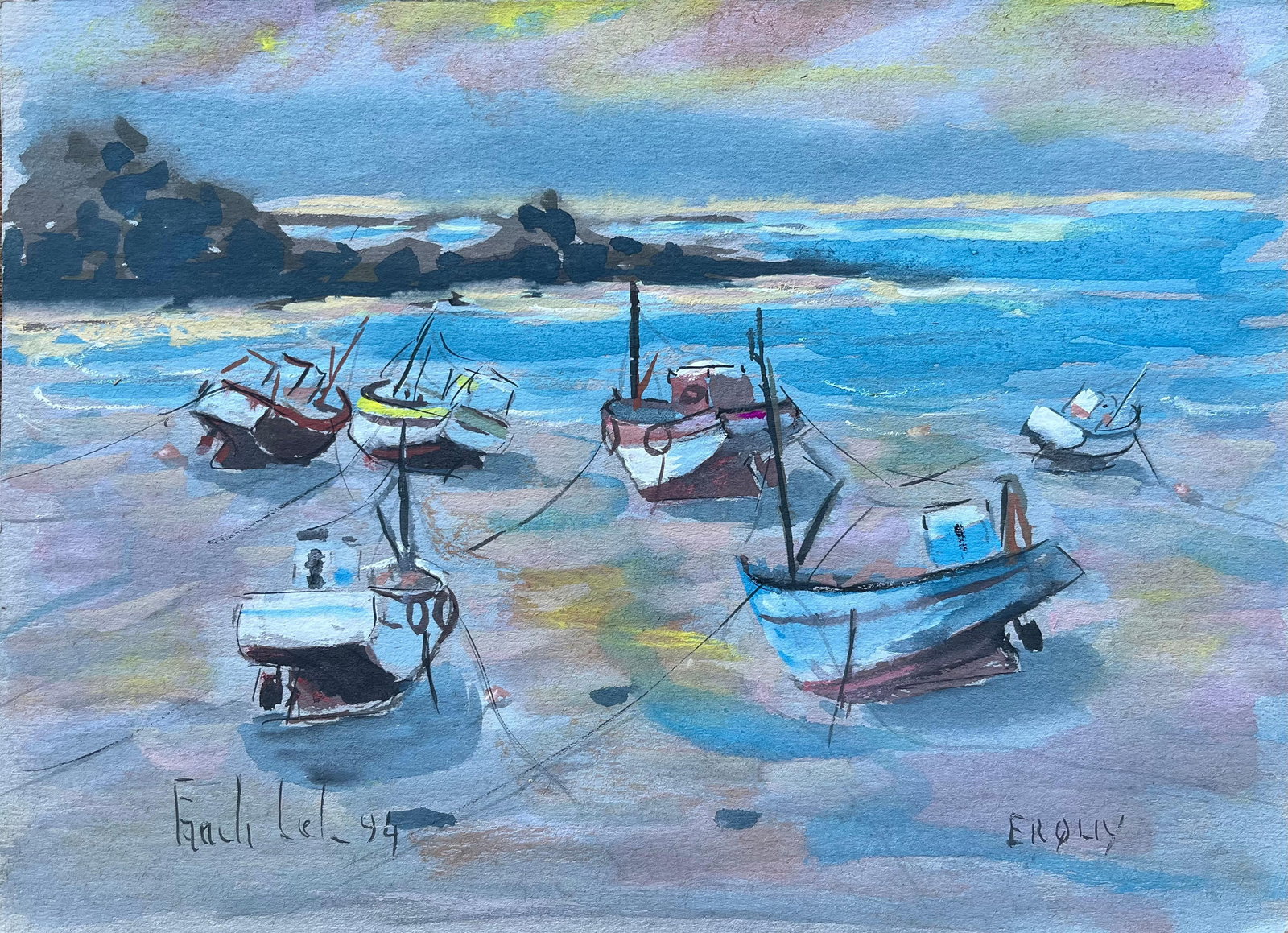 Fanch Lel; French Coastal Gouache Painting of Fishing Boats at Low Tide, 1994: Title: Fanch Lel; French Coastal Gouache Painting of Fishing Boats at Low Tide, 1994 Description: French Oil Painting of Harbour Boats and Village Spire in Soft Pastel Tones by Fanch Lel (French b.