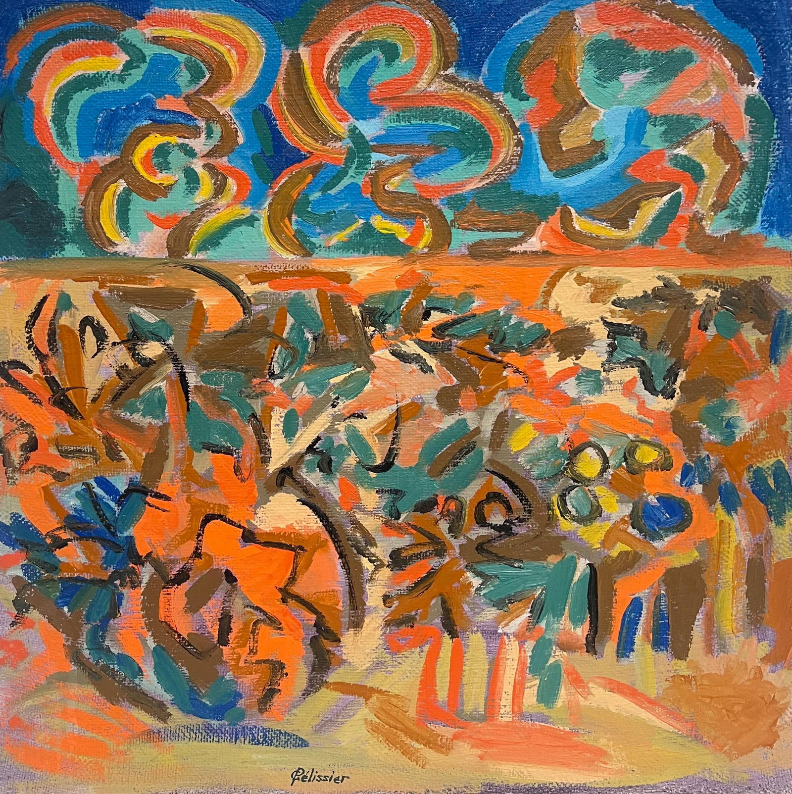 Gilbert Pelissier; Orange and Blue Vibrant Swirl Abstract French 20th Century Painting, 1987: Title: Gilbert Pelissier; Orange and Blue Vibrant Swirl Abstract French 20th Century Painting, 1987 Description: Bright French Harbour by Max Toutain (1935-2006) oil painting on board, unframed board