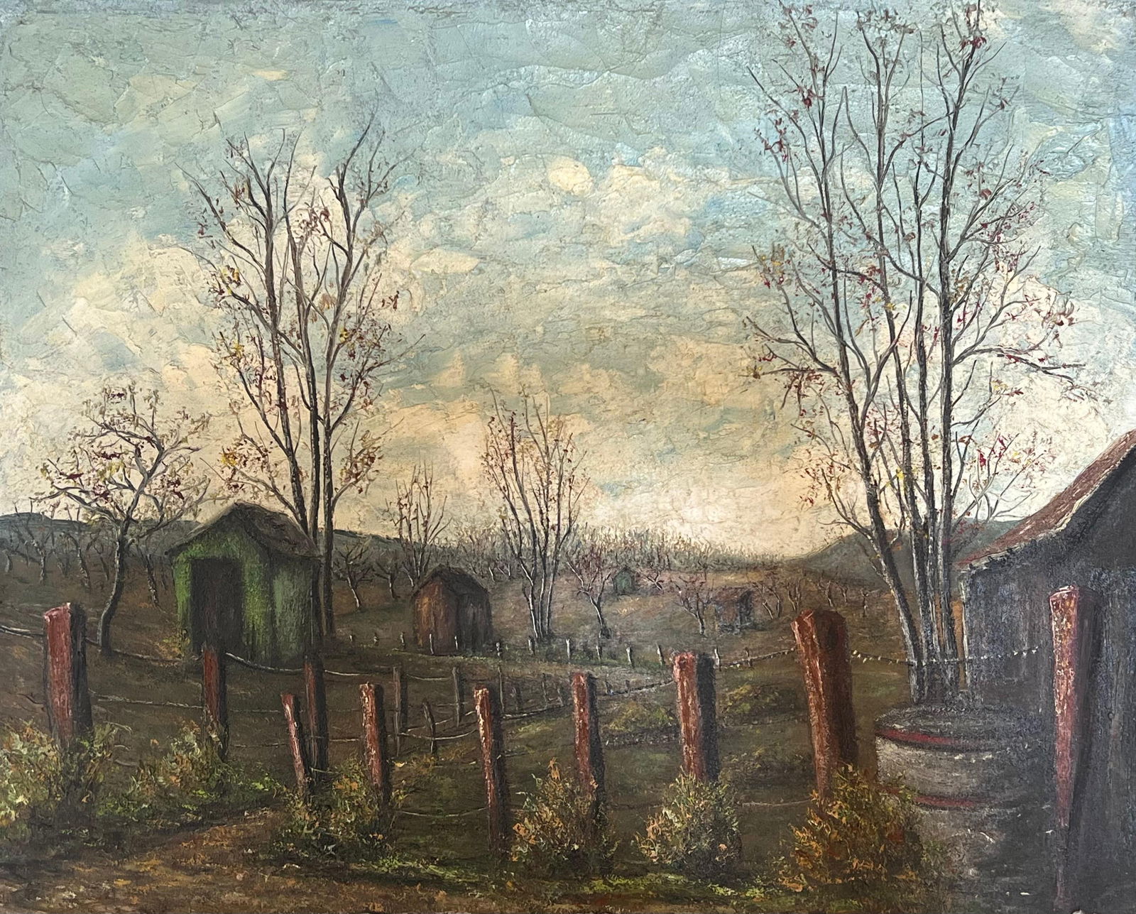 Jean Fourie; Farmers Sheds In Fenced Off Farm Field Oil Landscape Painting: Title: Jean Fourie; Farmers Sheds In Fenced Off Farm Field Oil Landscape Painting Description: Spine Church signed by Jean Fourie (1927-2015) French artist, painting in the Champagne region of France
