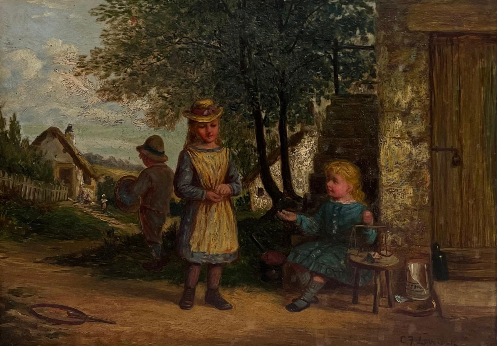 Charles Frederick Lowcock; Signed Victorian British Oil Painting Children Playing Rural Village: Title: Charles Frederick Lowcock; Signed Victorian British Oil Painting Children Playing Rural Village Cottage Description: The Entrepreneur by Charles Frederick Lowcock (British 1844-1922) signed