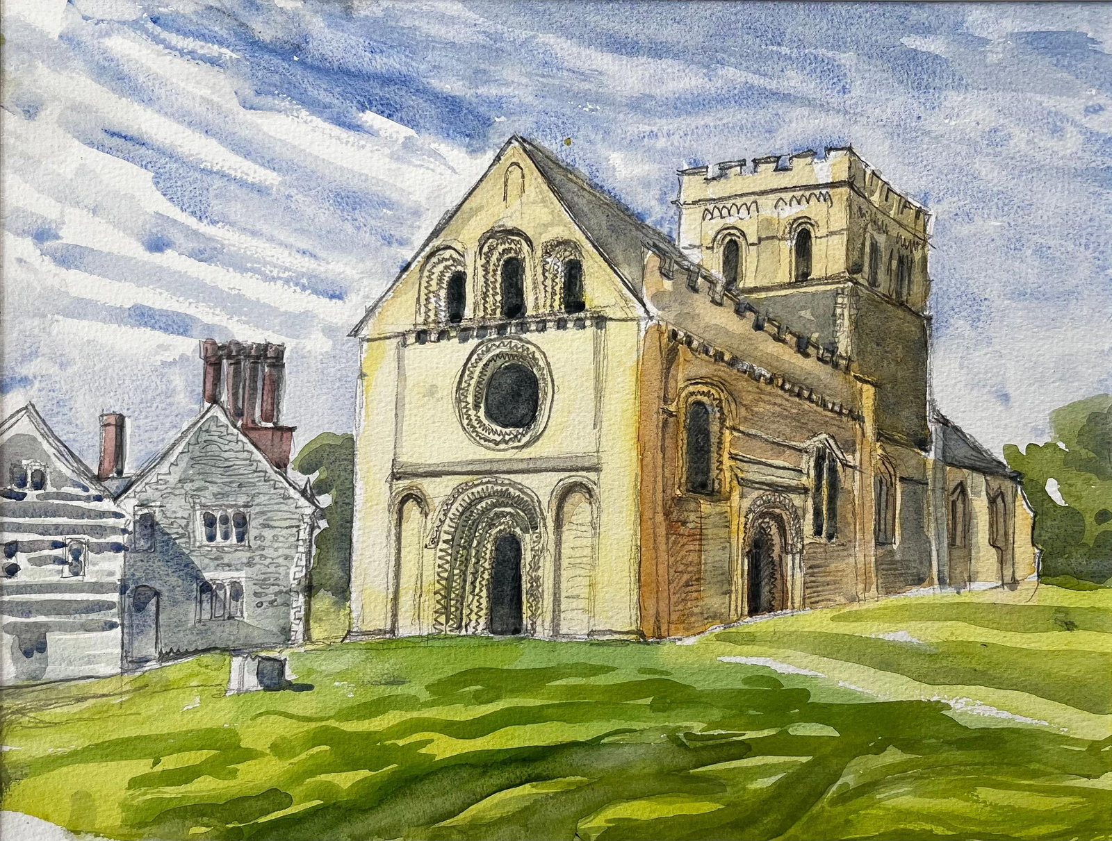 John Steane (b.1931); Iffley Church Oxfordshire Romanesque Architecture British Church Painting: Title: John Steane (b.1931); Iffley Church Oxfordshire Romanesque Architecture British Church Painting Description: Vintage Gouache Painting Of Boy With Milk Bottle In Mid-Century School Setting By To