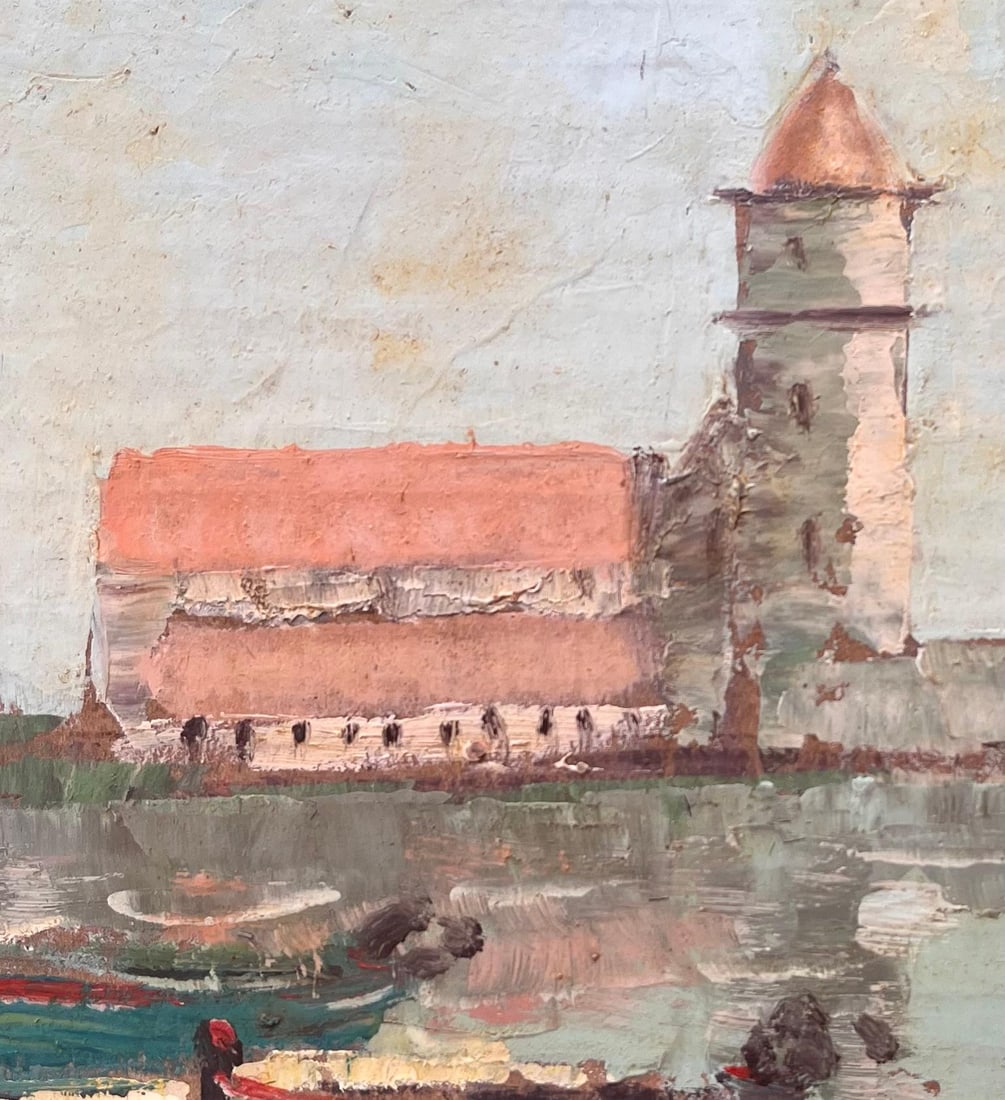 Fanch Lel; Impressionist French Coastal Village with Bell Tower Boats and Buildings - 5