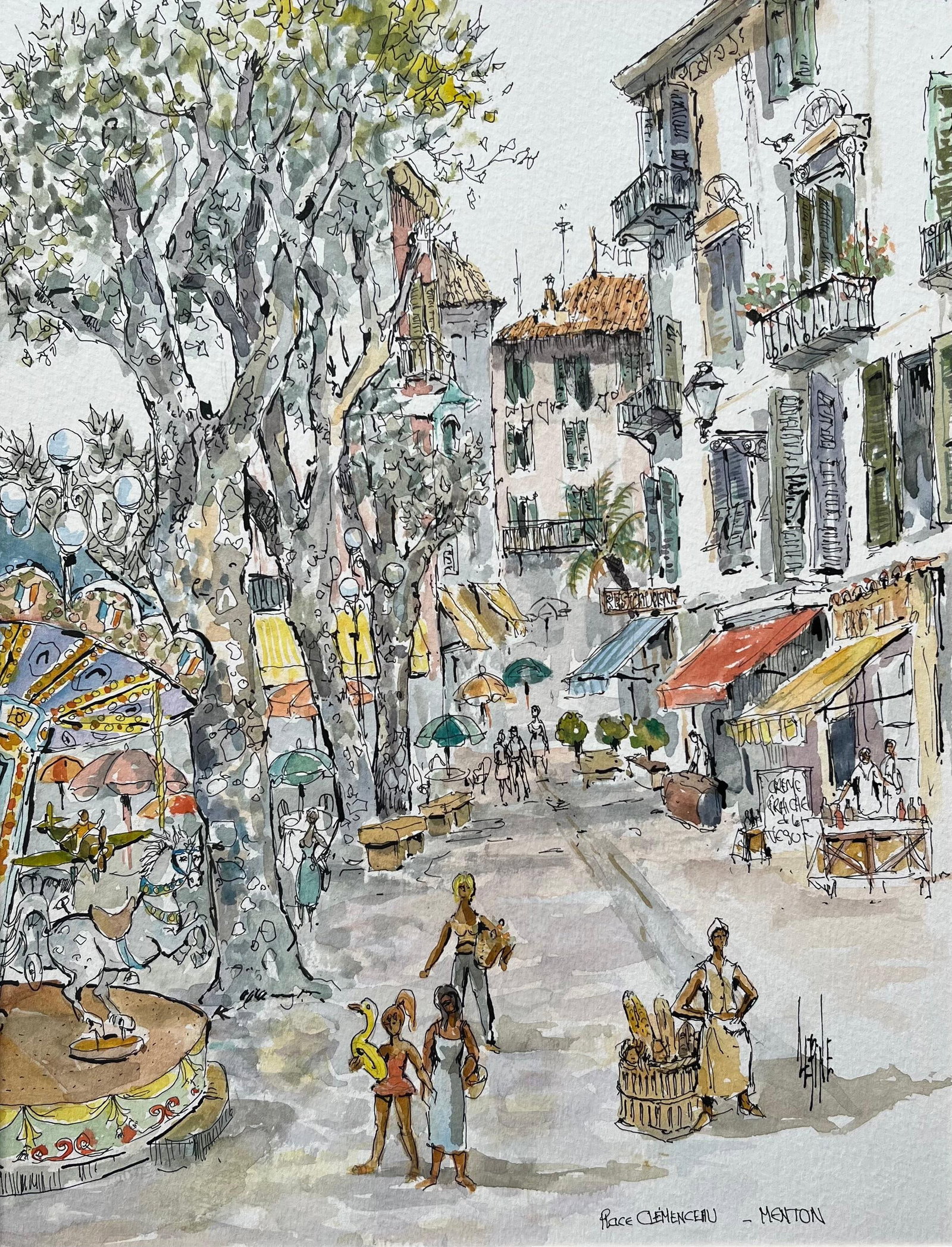Robert Lepine (1929 - 2017); French Watercolor of Place Clemenceau in Menton with Carousel and (1 of 11)