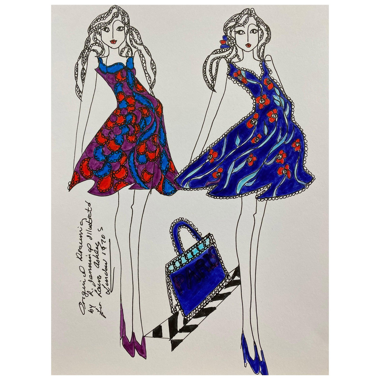 Original Fashion Design Illustration Watercolor Painting Laura Ashley Designer, circa 2000s: Title: Original Fashion Design Illustration Watercolor Painting Laura Ashley Designer, circa 2000s Description: Original Fashion Design Illustration by Roz Jennings, British watercolor and ink on