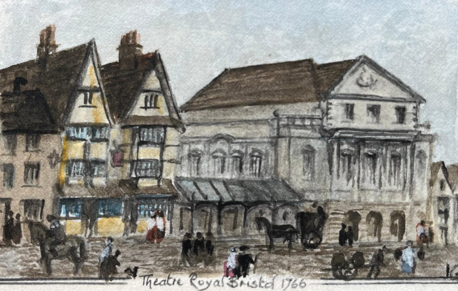 Jack Grunwell; Historic Miniature Watercolor of Theatre Royal Bristol 1766 Street Scene (1 of 6)