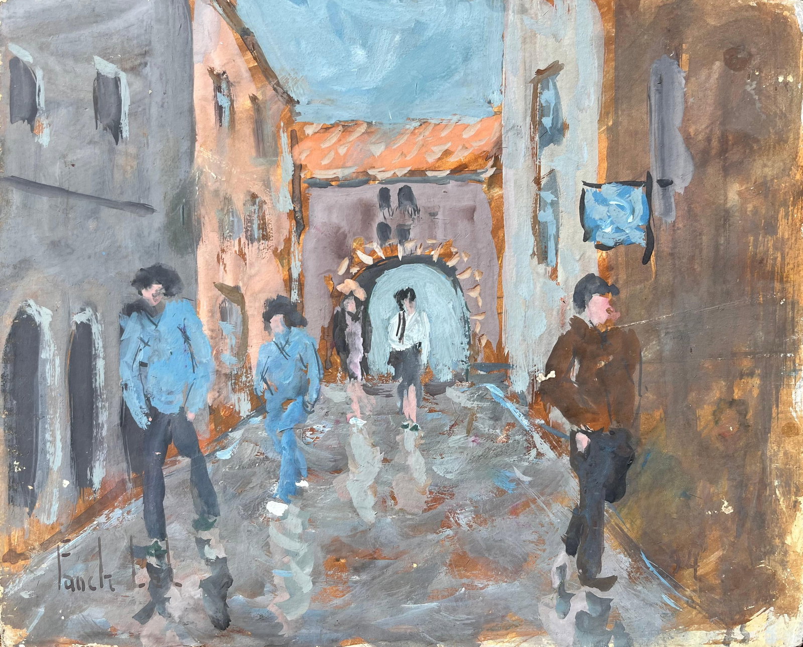 Fanch Lel; Modern Impressionist Street Scene with Figures and Archway in a European Village: Title: Fanch Lel; Modern Impressionist Street Scene with Figures and Archway in a European Village Description: Impressionist Outdoor Café Scene with Seated Figures and Dappled Light by Fanch Lel