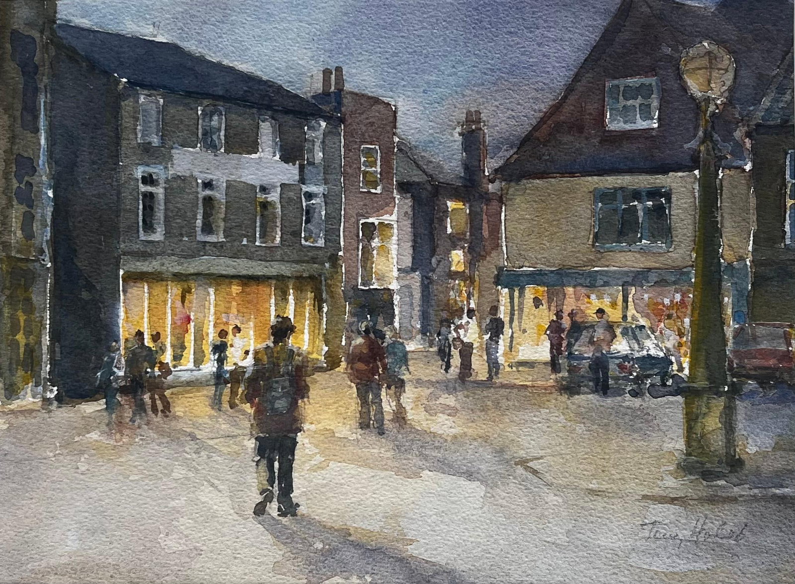 Anthony Herbert; Evening High Street Scene with Shoppers and Lit Windows British Watercolour: Title: Anthony Herbert; Evening High Street Scene with Shoppers and Lit Windows British Watercolour Description: Evening High Street Scene with Shoppers and Lit Windows British Watercolour By Tony