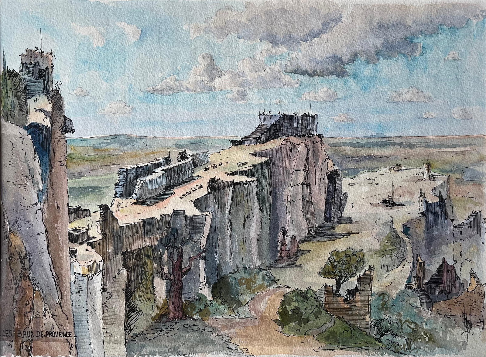 Robert Lepine (1929 - 2017); French Watercolor of Les Baux-de-Provence with Ruins and Cliffside (1 of 11)