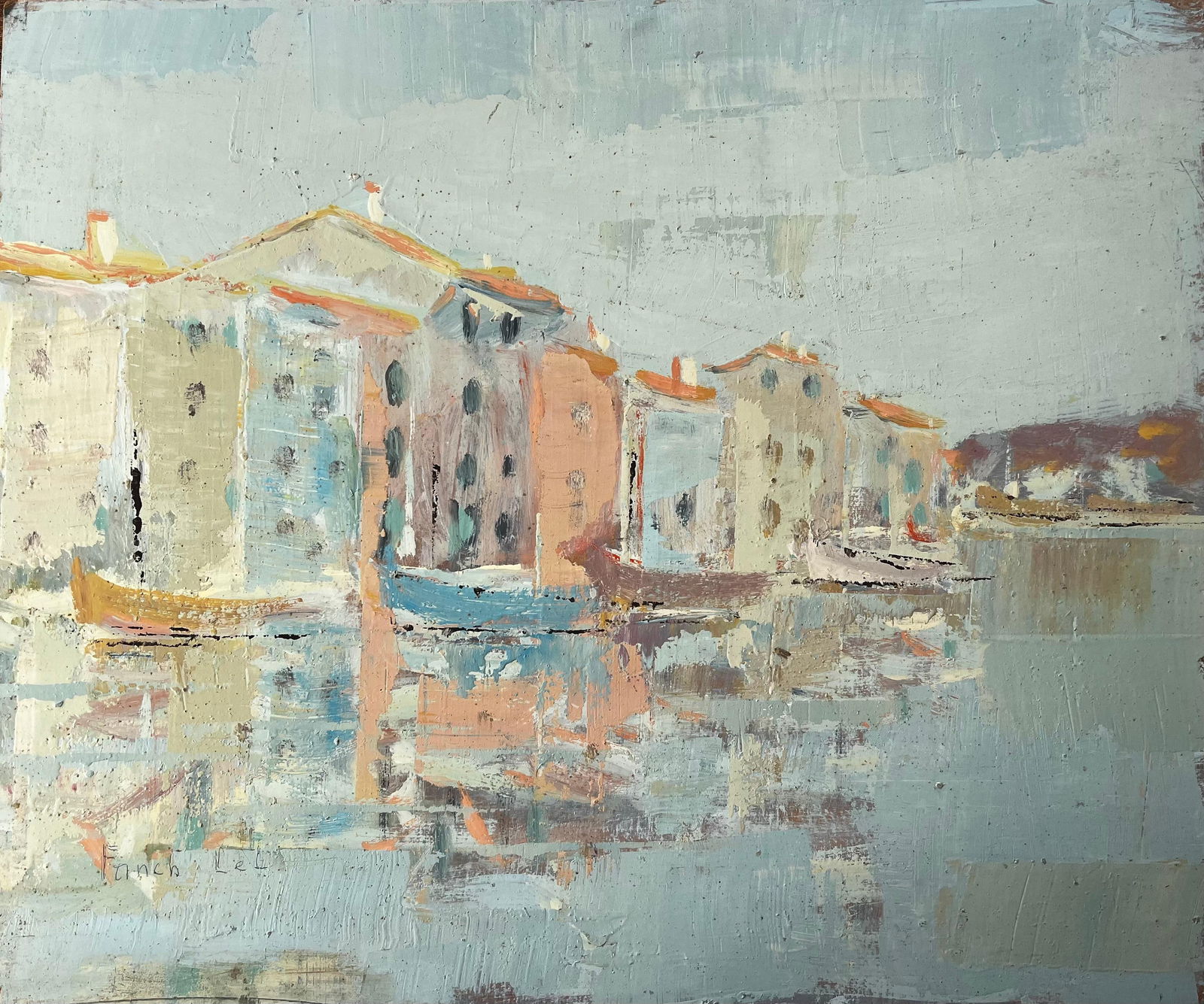 Fanch Lel; French Impressionist Port Scene with Reflected Tall Houses and Moored Boats (1 of 11)