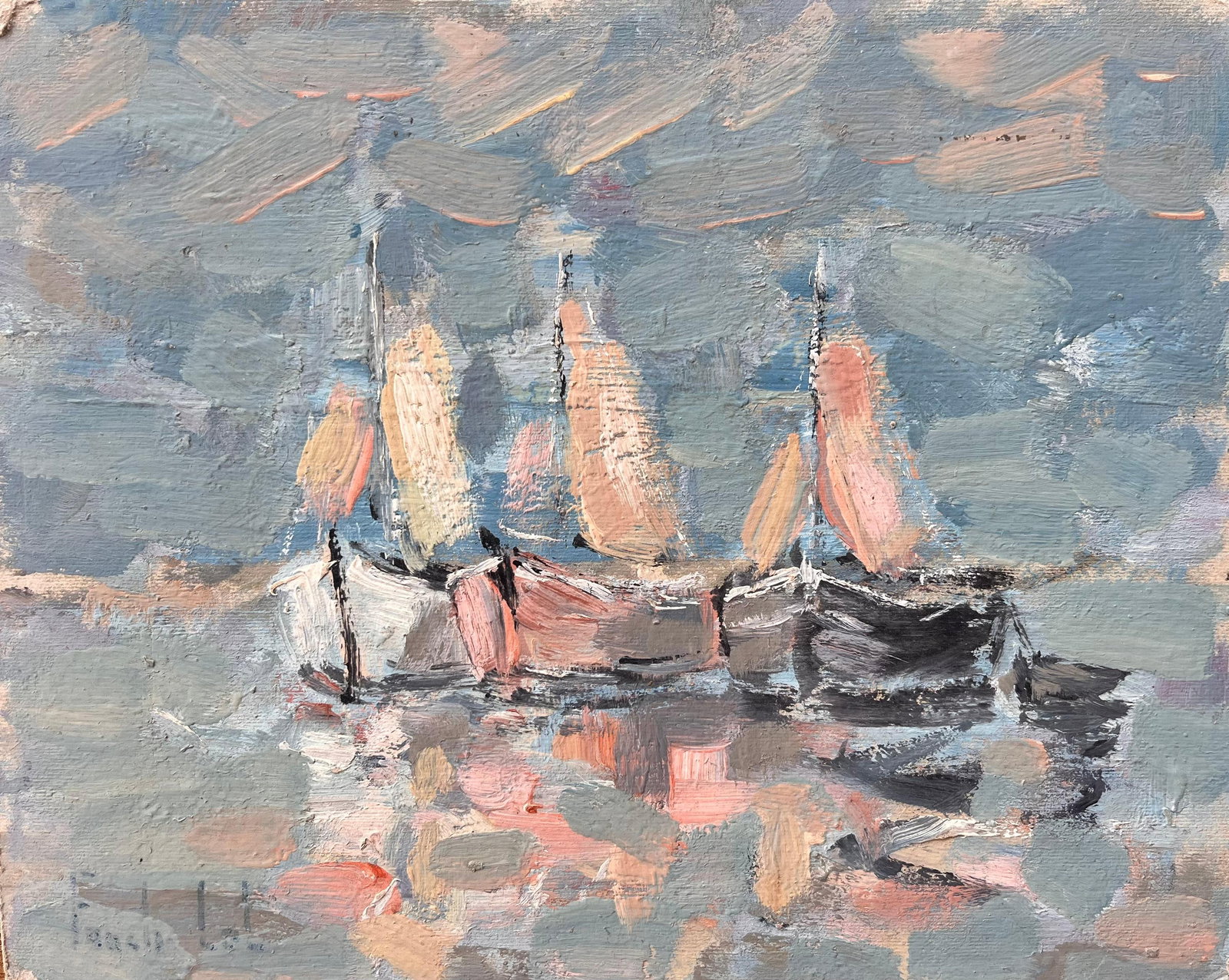 Fanch Lel; Impressionist Fleet of Sailboats with Reflections in a Blue and Pink Palette: Title: Fanch Lel; Impressionist Fleet of Sailboats with Reflections in a Blue and Pink Palette Description: Bateaux French Coastal Oil Painting with Boats and Lighthouse by Fanch Lel Signed: Yes Size:
