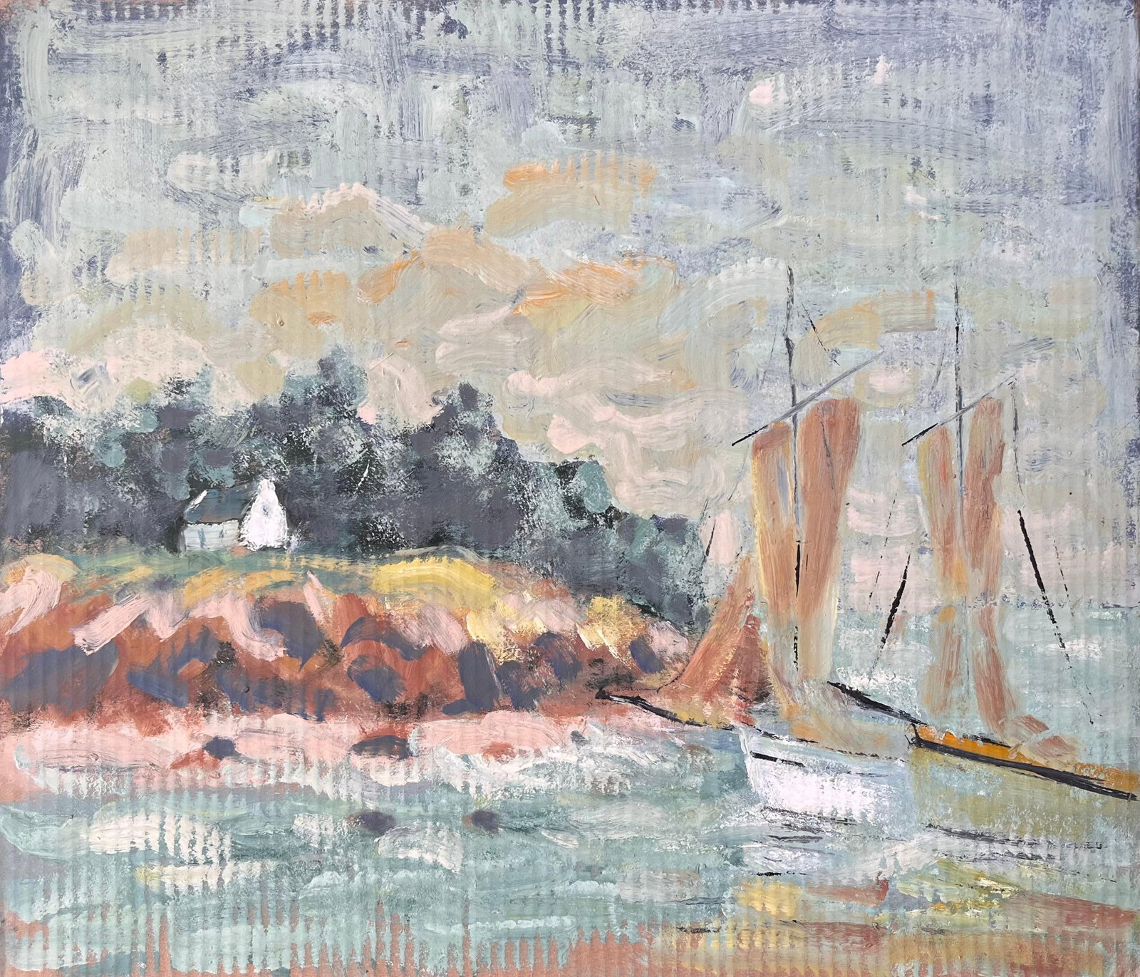 Fanch Lel; French Impressionist Coastal Scene with Sailboat and Cliffside Cottage (1 of 11)