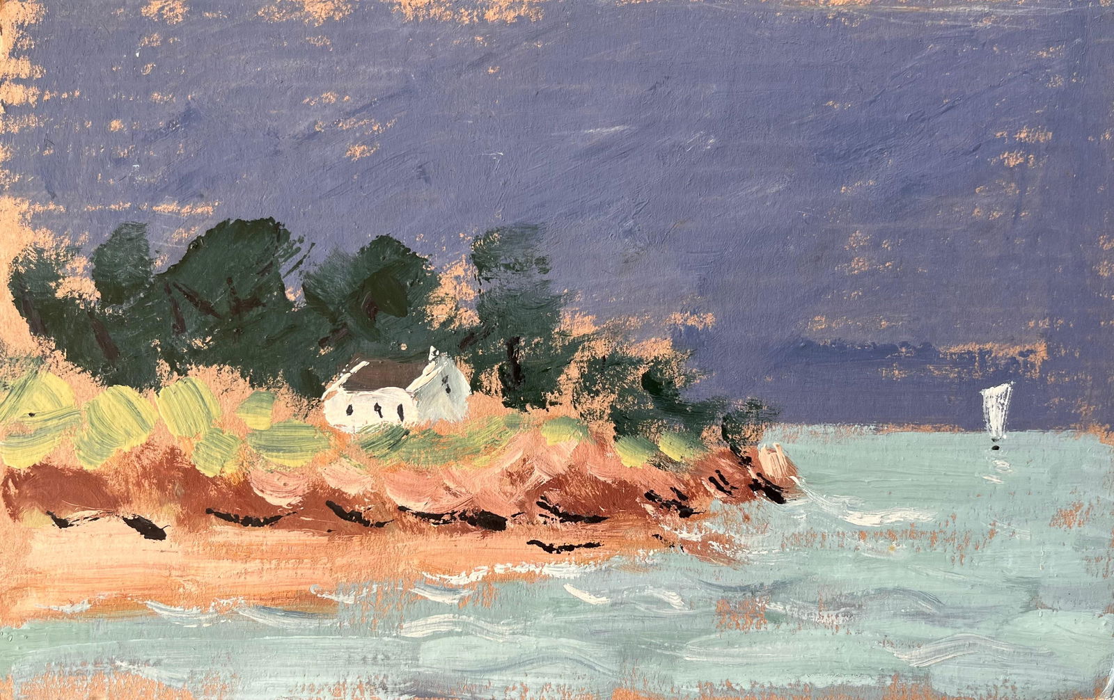 Fanch Lel; French Coastal Landscape with White Cottage and Sailboat Under a Dark Sky - 7