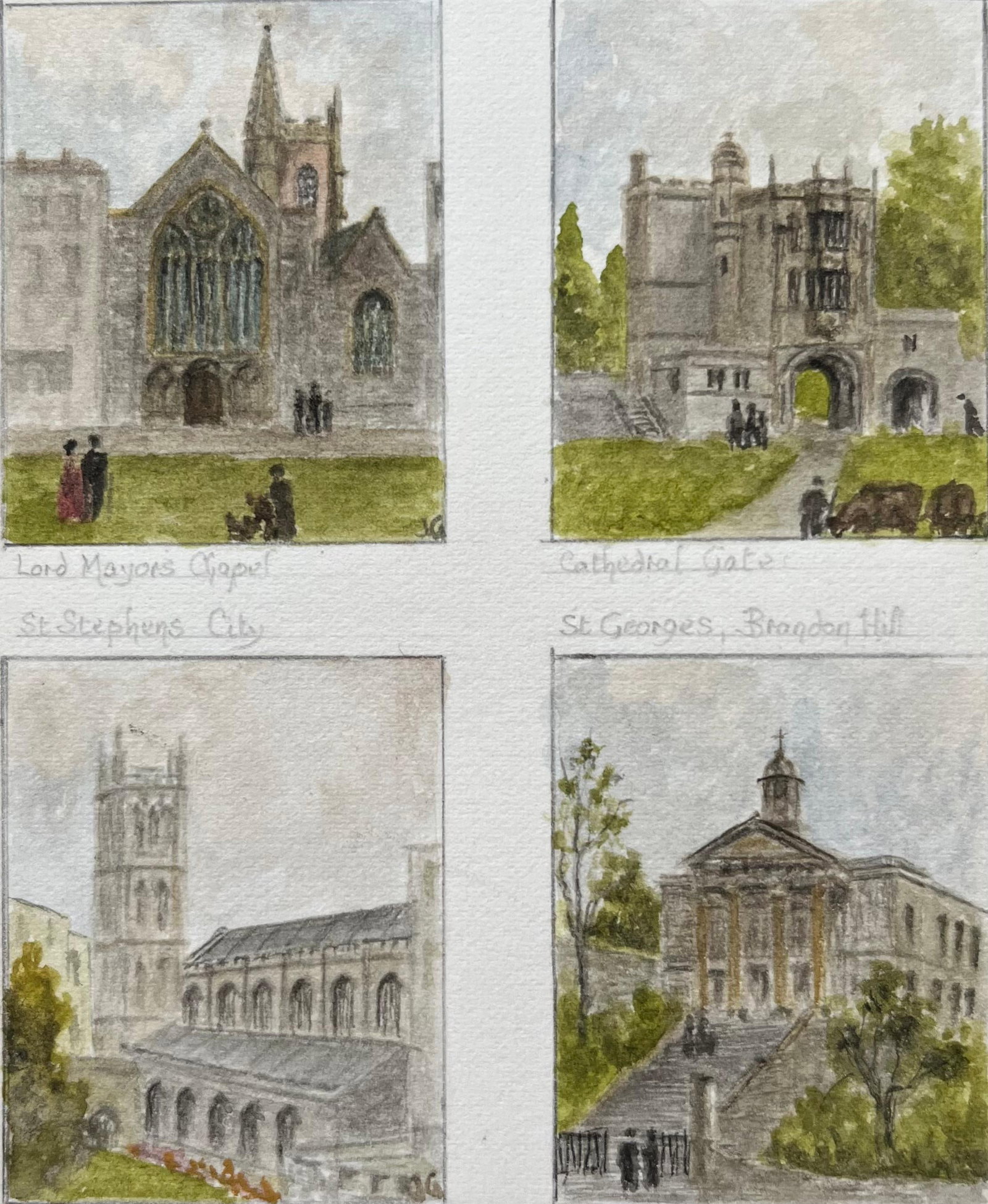 Jack Grunwell; Historic Miniature Watercolor of Bristol’s Historic Churches and Landmarks: Title: Jack Grunwell; Historic Miniature Watercolor of Bristol’s Historic Churches and Landmarks Description: Abstract Expressionist Composition by Gilbert Pelissier (French born 1924) signed oi