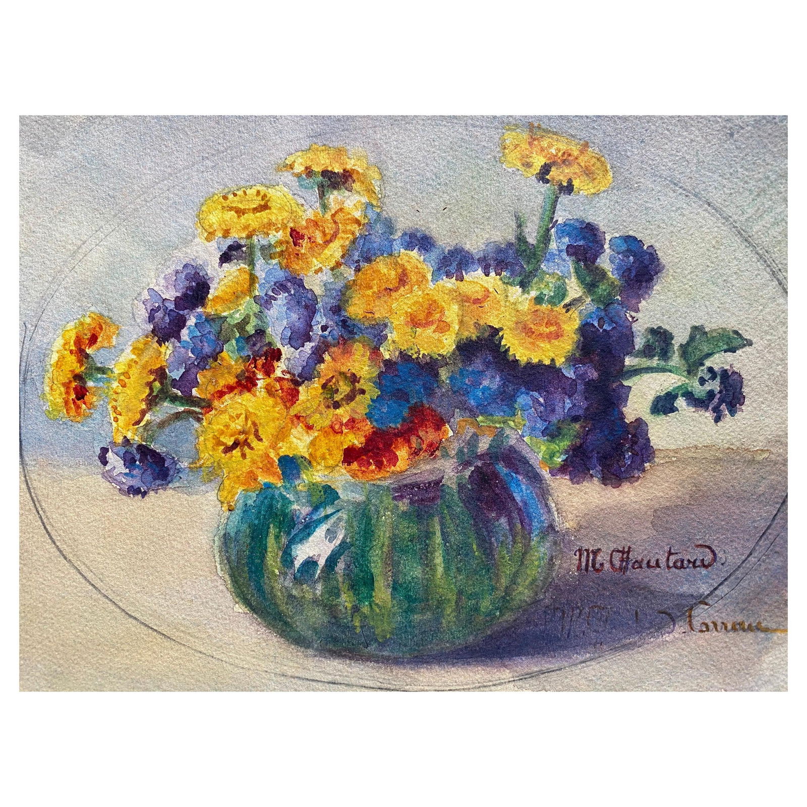 Early 1900's French Impressionist Signed Flower Watercolour by Marie Carreau, circa 1900s: Title: Early 1900's French Impressionist Signed Flower Watercolour by Marie Carreau, circa 1900s Description: Flowers by Marie-Amelie Chautard-Carreau (French, 19th/20th century) signed bottom right w