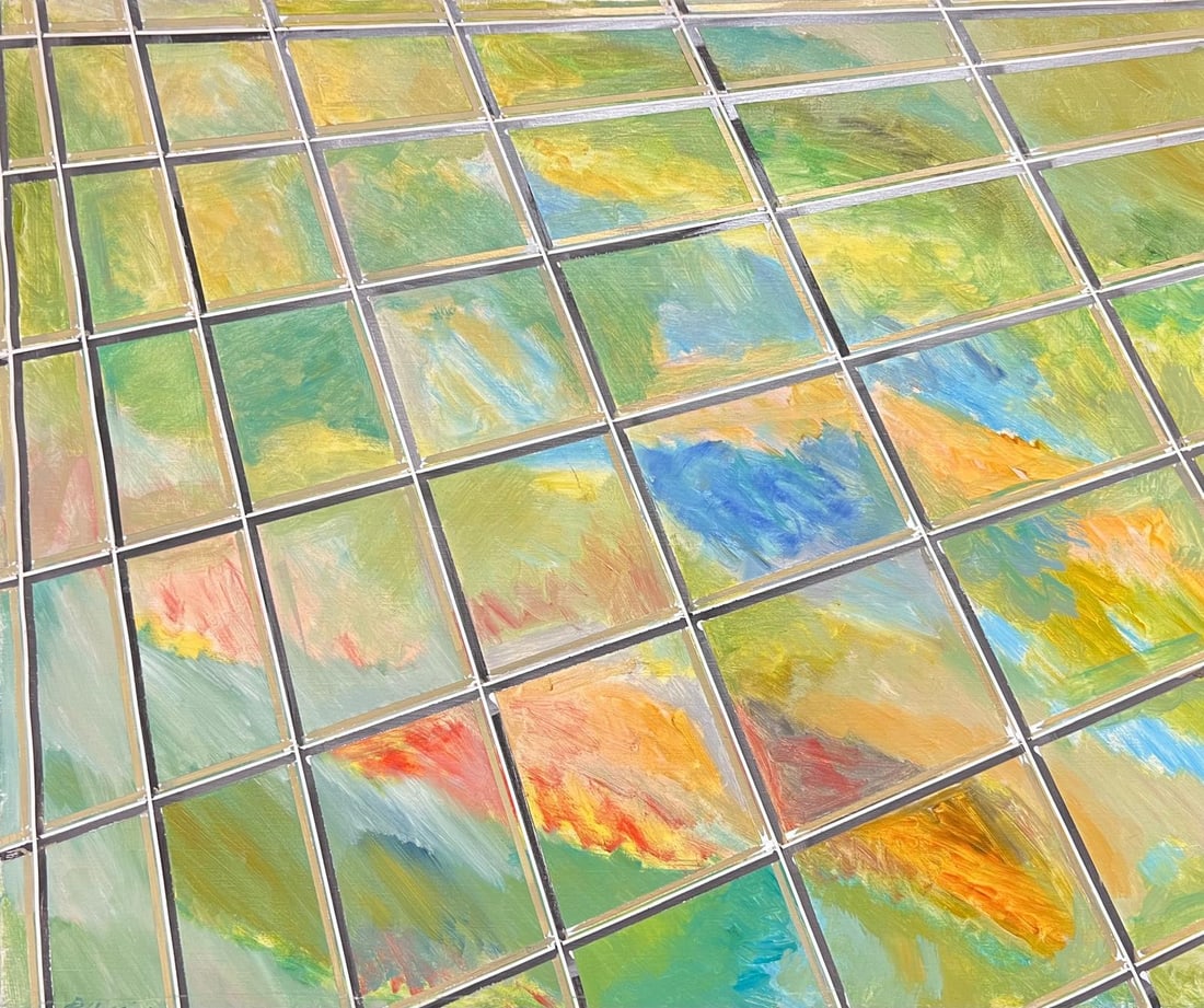 Gilbert Pelissier; French 20th Century Vibrant Grid Geometric Abstract Blue Green and Yellow Colour: Title: Gilbert Pelissier; French 20th Century Vibrant Grid Geometric Abstract Blue Green and Yellow Colour Description: Abstract Expressionist Composition signed by Gilbert Pelissier (French born 1924