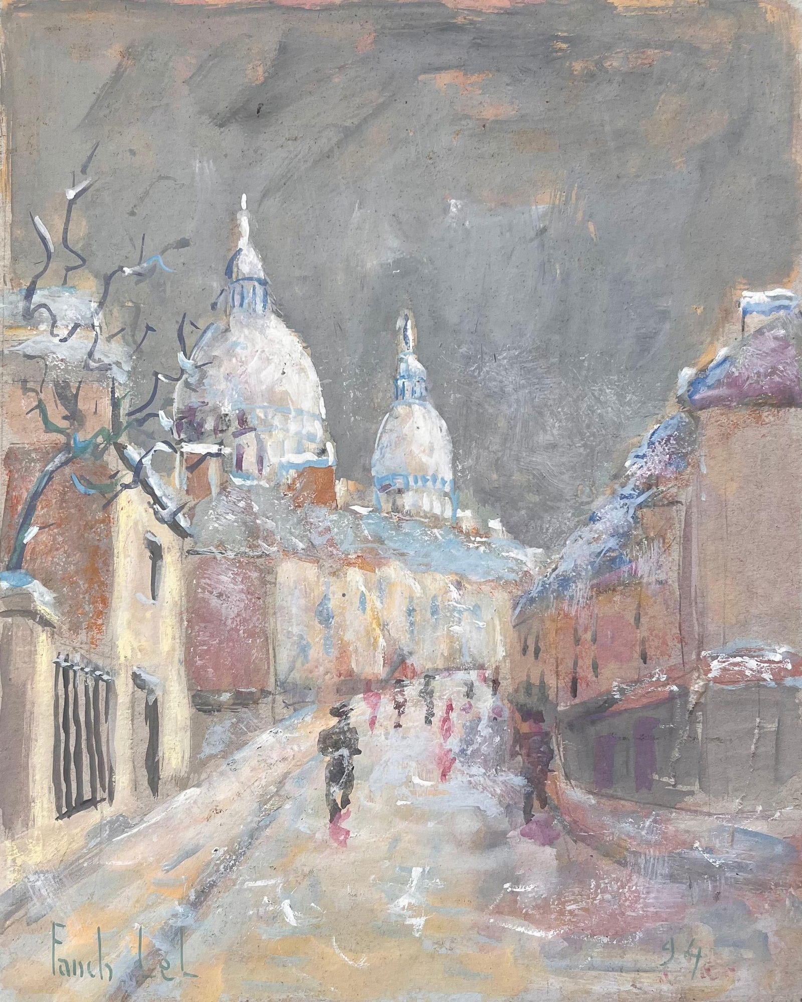 Fanch Lel; Impressionist French Gouache of Sacré-Cœur Paris in Snow with Figures, 1994: Title: Fanch Lel; Impressionist French Gouache of Sacré-Cœur Paris in Snow with Figures, 1994 Description: French Impressionist Seascape Oil of La Vieille Lighthouse off Pointe du Raz By Fan