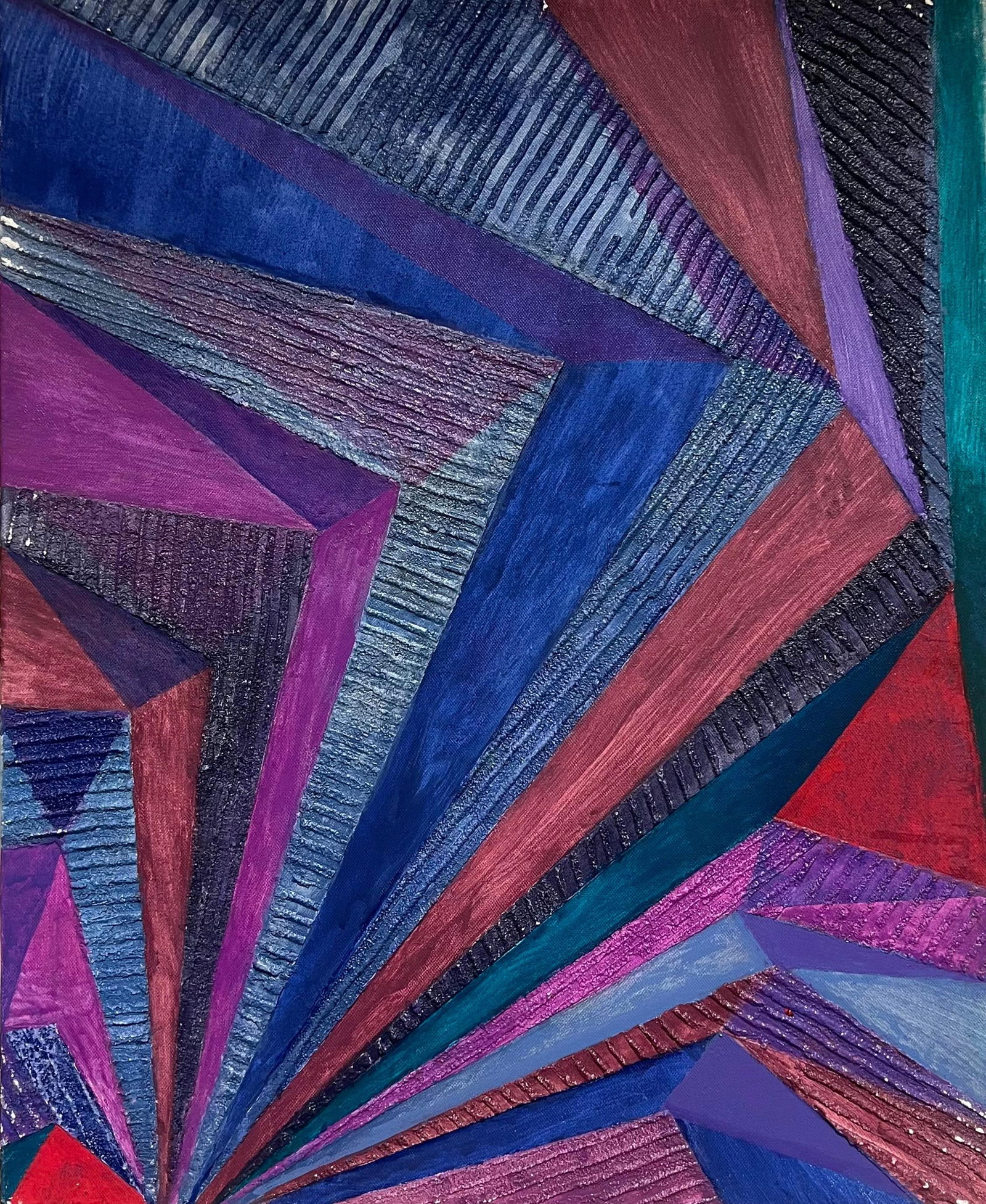 Hermine Roy; Large Modern French Converging Geometric Abstraction Oil Painting Signed, mid 20th: Title: Hermine Roy; Large Modern French Converging Geometric Abstraction Oil Painting Signed, mid 20th Century Description: Original Oil Painting of Serene Landscape with Cypress Tree and Rolling Hill