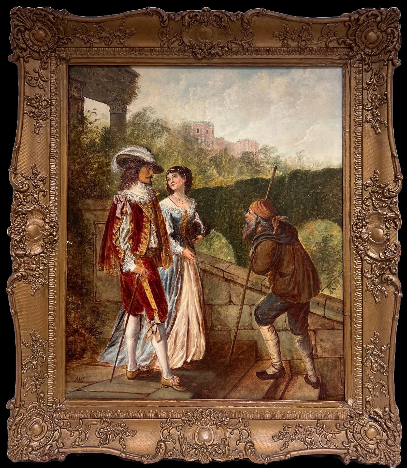 British School ; Large 19th Century British Victorian Signed Oil Beggar with Gentry Couple: Title: British School ; Large 19th Century British Victorian Signed Oil Beggar with Gentry Couple Description: The Greeting British School, mid 19th century signed with initials oil on canvas, framed