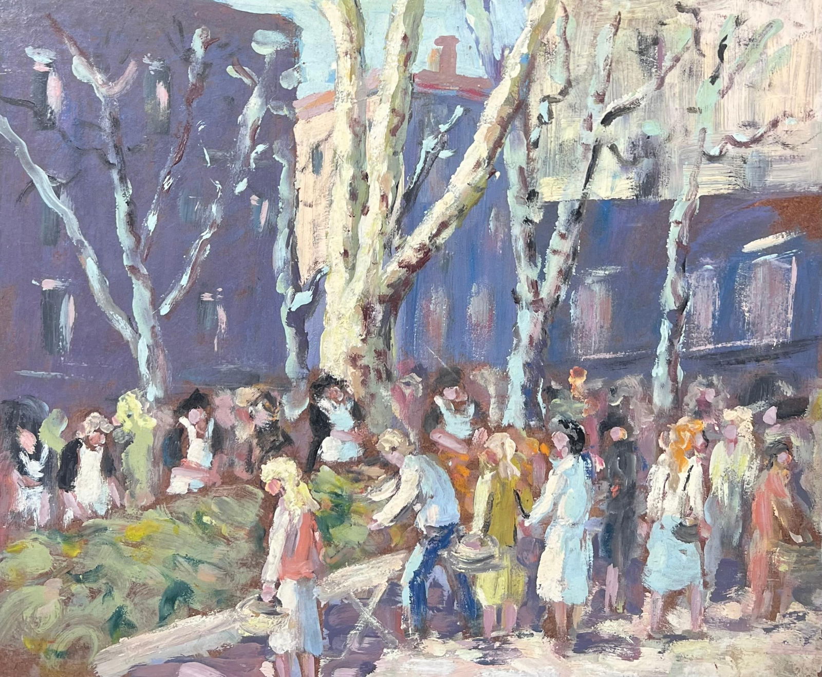 Fanch Lel; Figures Hustling at The French Market Under White Bare Trees Oil Painting: Title: Fanch Lel; Figures Hustling at The French Market Under White Bare Trees Oil Painting Description: Olive Grove Landscape Signed by Fanch Lel Size: 13 x 16 inches (height x width) Oil painting on