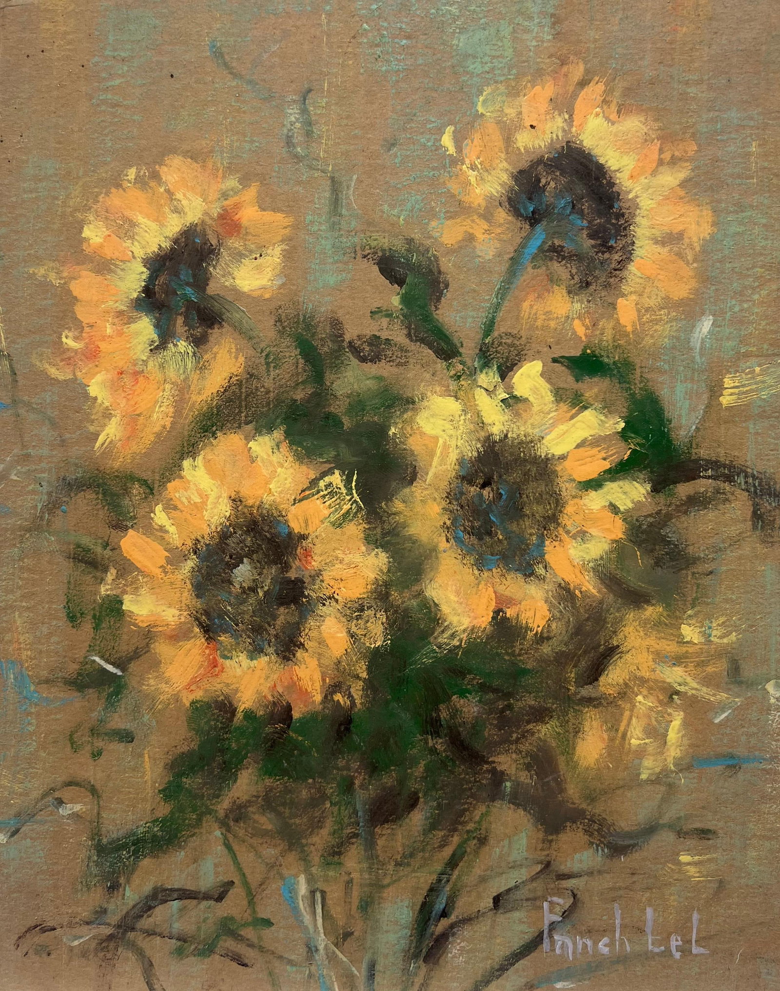 Fanch Lel; French Impressionist Rustic Bouquet of Sunflowers Still Life Gouache Painting, 2000: Title: Fanch Lel; French Impressionist Rustic Bouquet of Sunflowers Still Life Gouache Painting, 2000 Description: Autumn Landscape French Post-Impressionist, 1977 signed oil on canvas, unframed Canva