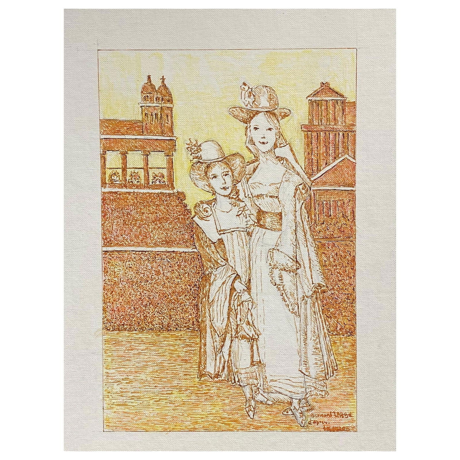 Classical French Figures in City -1950's French Modernist Cubist Painting Signed, 1950s: Title: Classical French Figures in City -1950's French Modernist Cubist Painting Signed, 1950s Description: By Bernard Labbe (French mid 20th century) signed original watercolour/ gouache painting on