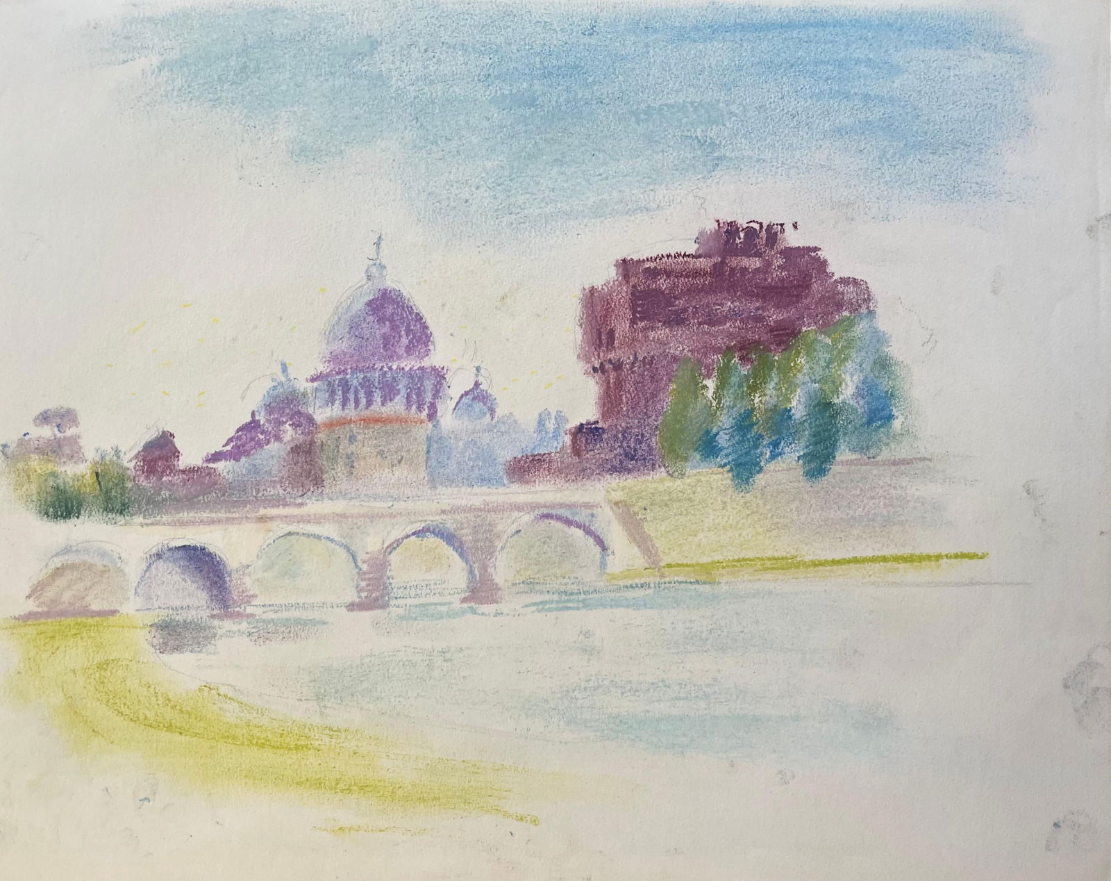 Anne Marie Migette Perard; Mid-20th Century Pastel of Castel Sant'Angelo and St. Peter’s Dome: Title: Anne Marie Migette Perard; Mid-20th Century Pastel of Castel Sant'Angelo and St. Peter’s Dome in Rome Description: Mid-20th Century French Watercolour Still Life With Abstract Floral Arra