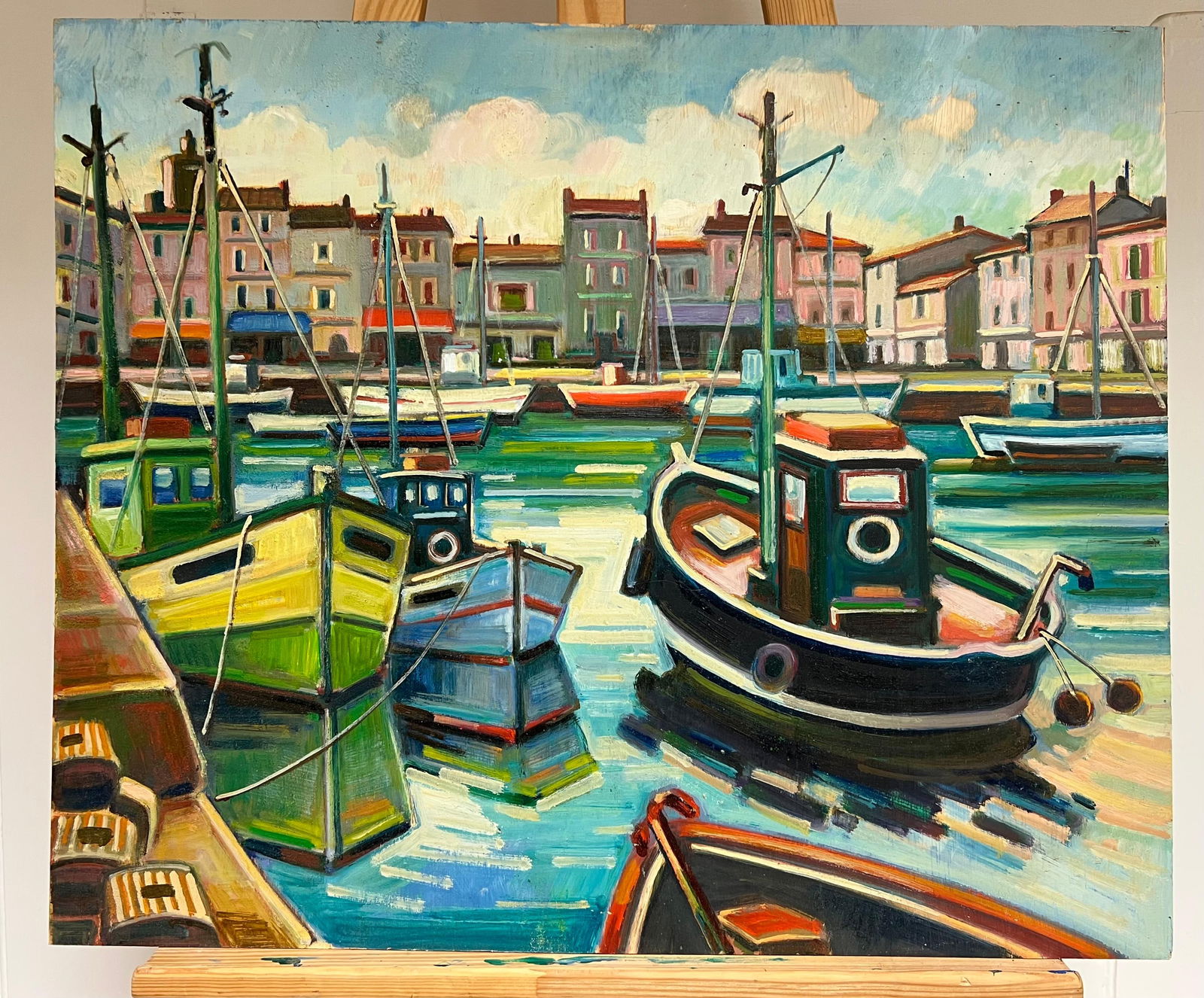 Max Toutain; French Vibrant Scene of Fishing Boats and Coastal Harbour Oil Painting: Title: Max Toutain; French Vibrant Scene of Fishing Boats and Coastal Harbour Oil Painting Description: Abstract Expressionist Composition signed by Gilbert Pelissier (French born 1924) oil painting o